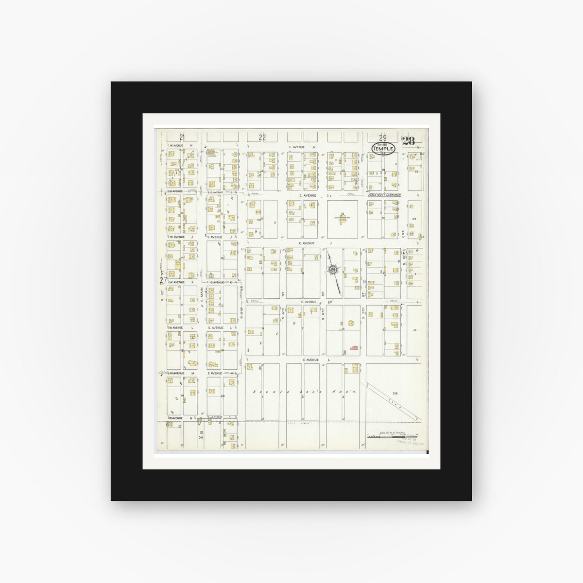 Old map wall art mockup — black gallery frame with white mat — Sanborn Fire Insurance Map from Temple, Bell County, Texas (1915), Sheet #0028