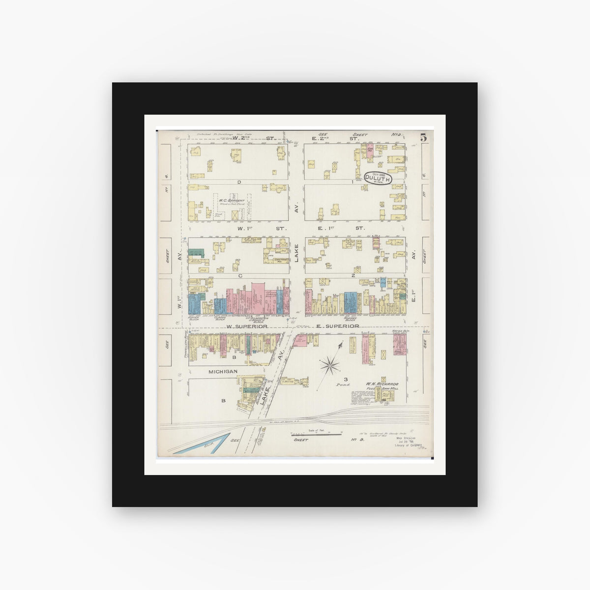 Old map wall art mockup — black gallery frame with white mat — Sanborn Fire Insurance Map from Duluth, Saint Louis County, Minnesota (1885), Sheet #0005