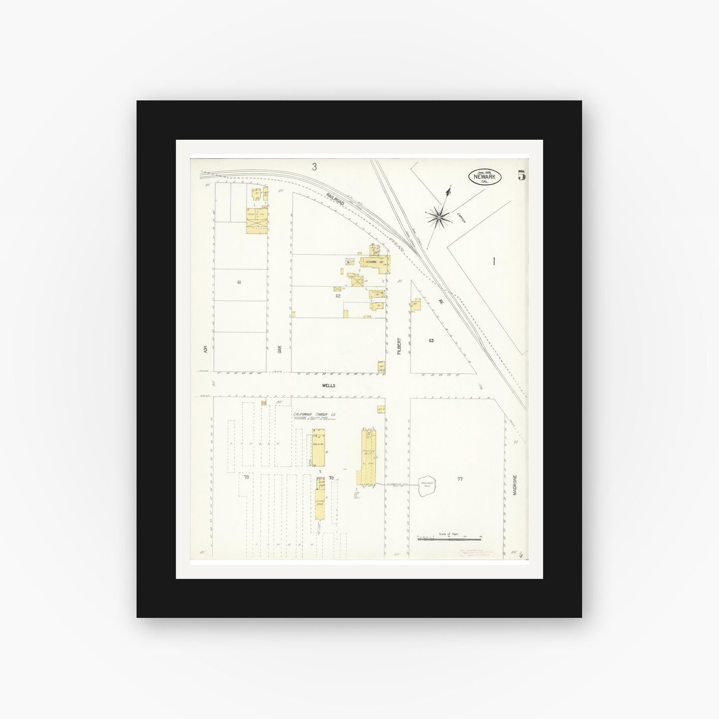 Old map wall art mockup — black gallery frame with white mat — Sanborn Fire Insurance Map from Newark, Alameda County, California (1908), Sheet #0005