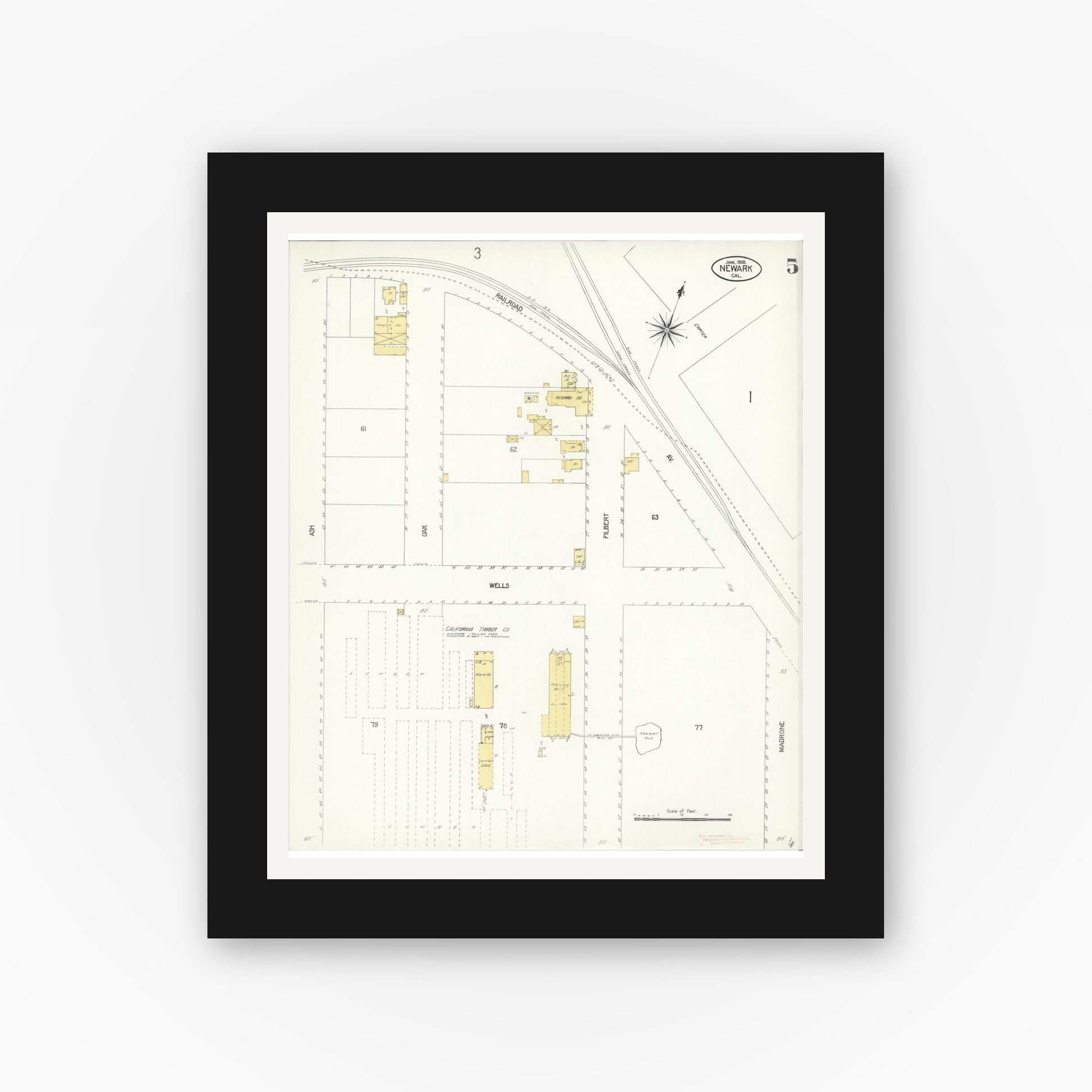 Old map wall art mockup — black gallery frame with white mat — Sanborn Fire Insurance Map from Newark, Alameda County, California (1908), Sheet #0005