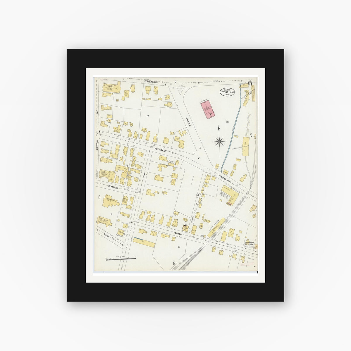 Old map wall art mockup — black gallery frame with white mat — Sanborn Fire Insurance Map from Stoneham, Middlesex County, Massachusetts (1903), Sheet #0006