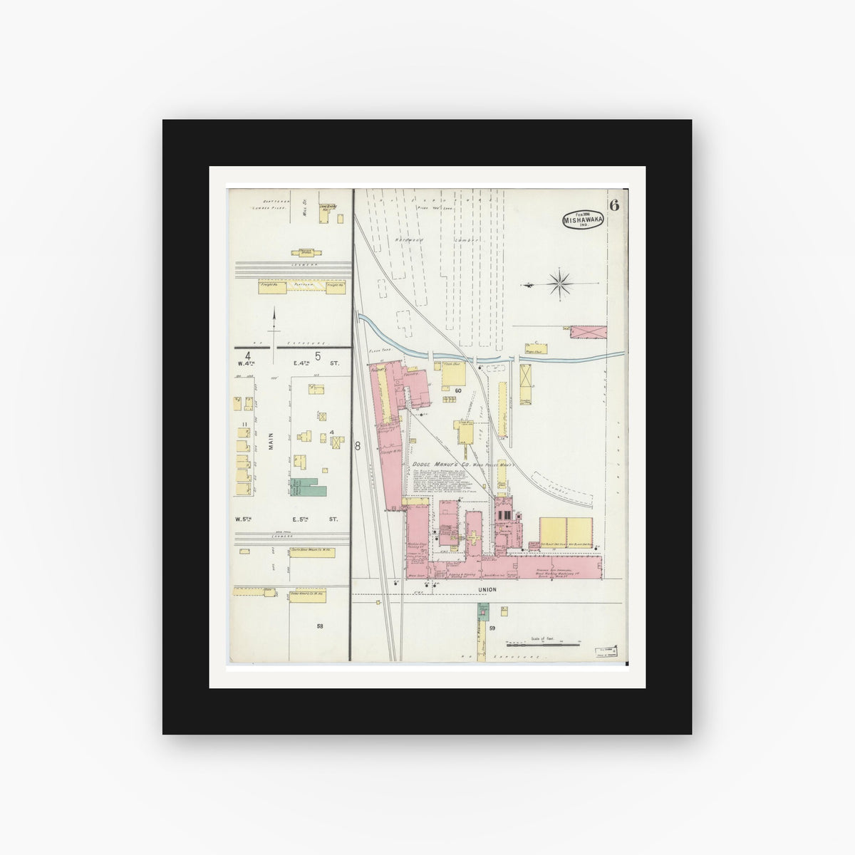 Old map wall art mockup — black gallery frame with white mat — Sanborn Fire Insurance Map from Mishawaka, Saint Joseph County, Indiana (1896), Sheet #0006