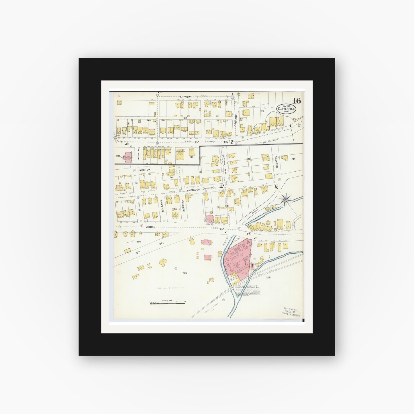 Old map wall art mockup — black gallery frame with white mat — Sanborn Fire Insurance Map from East Liverpool, Columbiana County, Ohio (1903), Sheet #0016