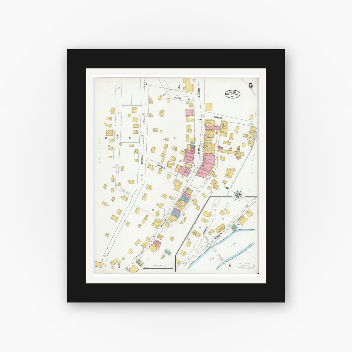 Old map wall art mockup — black gallery frame with white mat — Sanborn Fire Insurance Map from Galeton, Potter County, Pennsylvania (1905), Sheet #0005