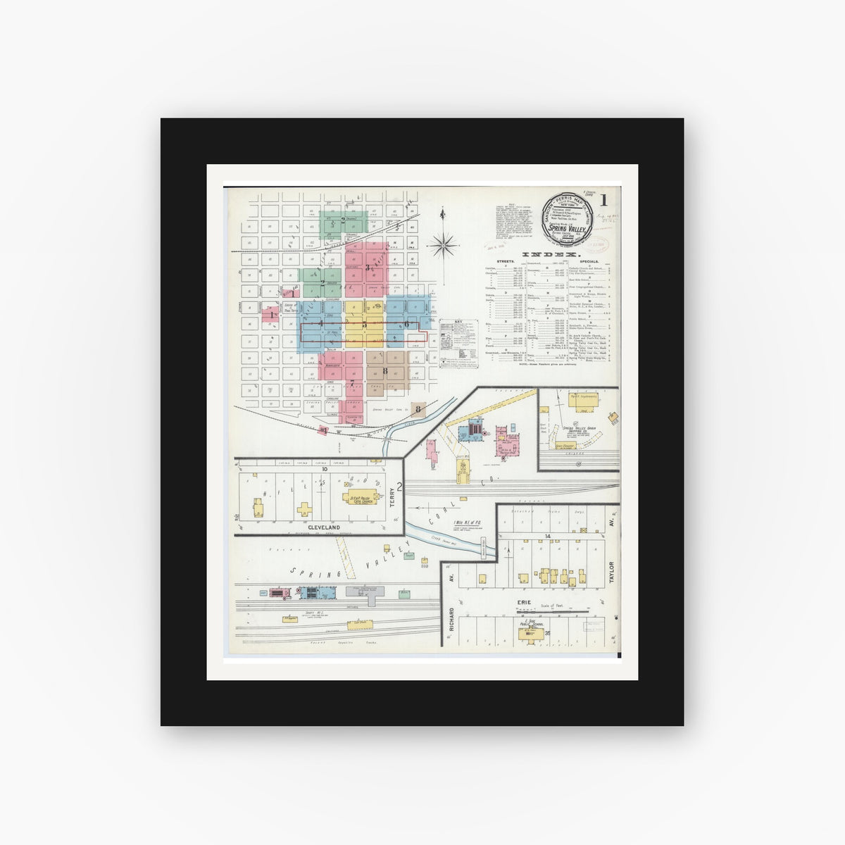 Old map wall art mockup — black gallery frame with white mat — Sanborn Fire Insurance Map from Spring Valley, Bureau County, Illinois (1899), Sheet #0001