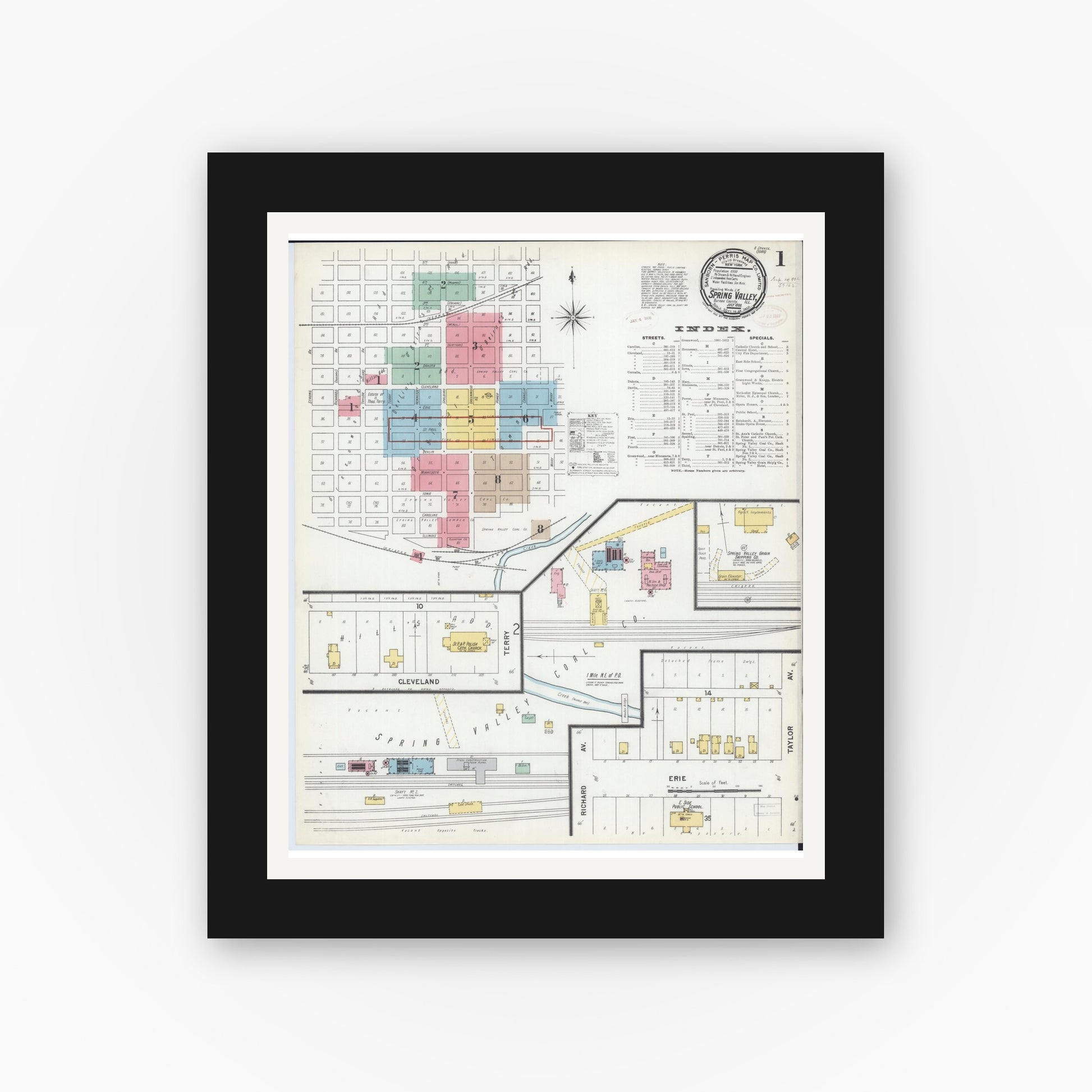 Old map wall art mockup — black gallery frame with white mat — Sanborn Fire Insurance Map from Spring Valley, Bureau County, Illinois (1899), Sheet #0001