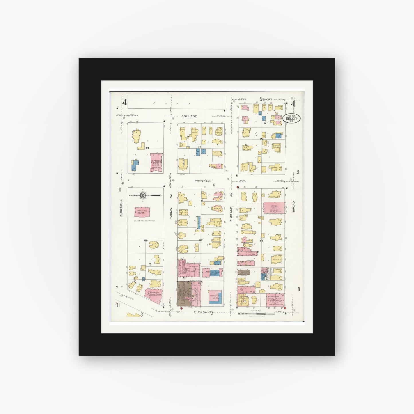 Old map wall art mockup — black gallery frame with white mat — Sanborn Fire Insurance Map from Beloit, Rock County, Wisconsin (1926), Sheet #0004