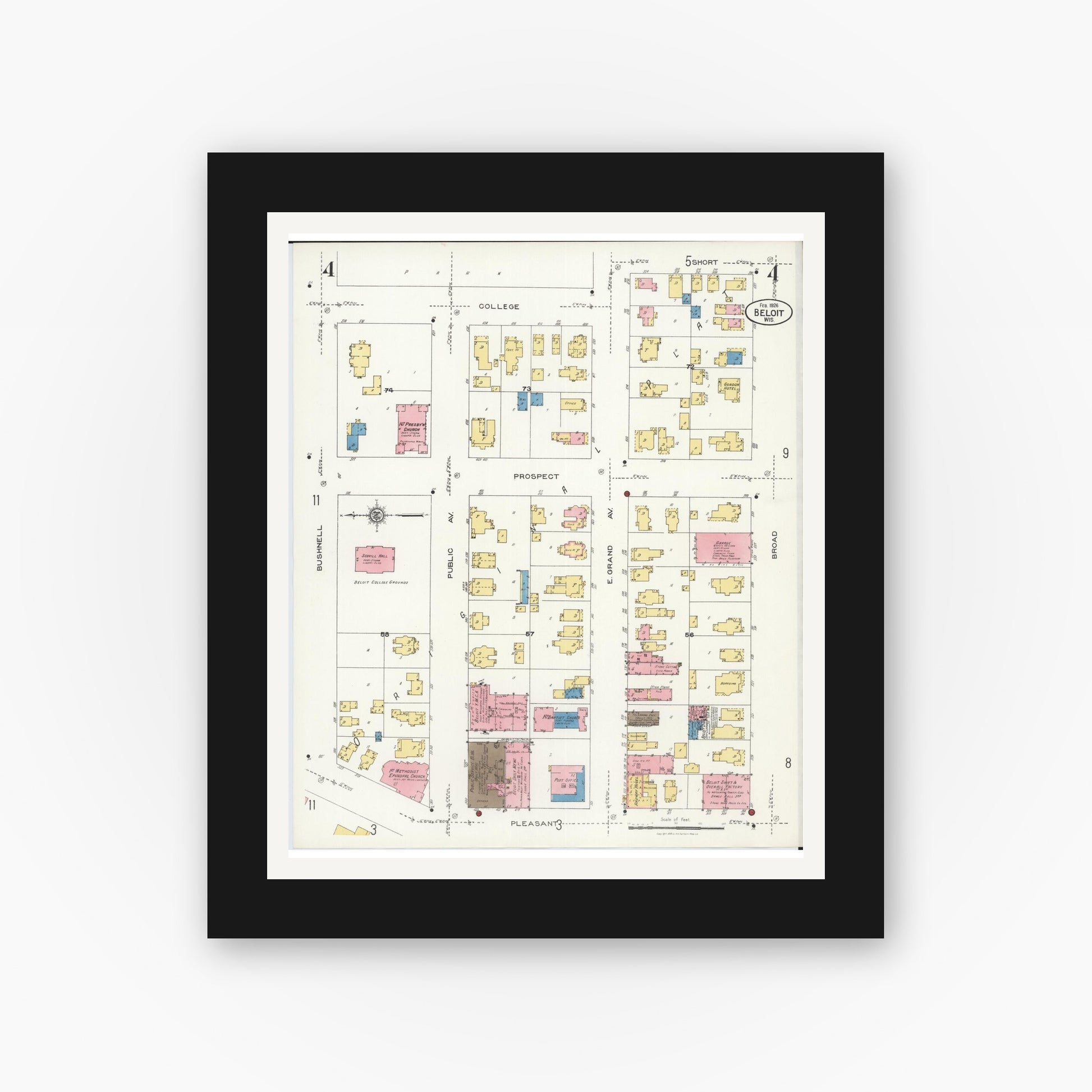 Old map wall art mockup — black gallery frame with white mat — Sanborn Fire Insurance Map from Beloit, Rock County, Wisconsin (1926), Sheet #0004