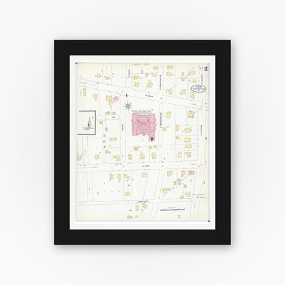Old map wall art mockup — black gallery frame with white mat — Sanborn Fire Insurance Map from Platteville, Grant County, Wisconsin (1908), Sheet #0002