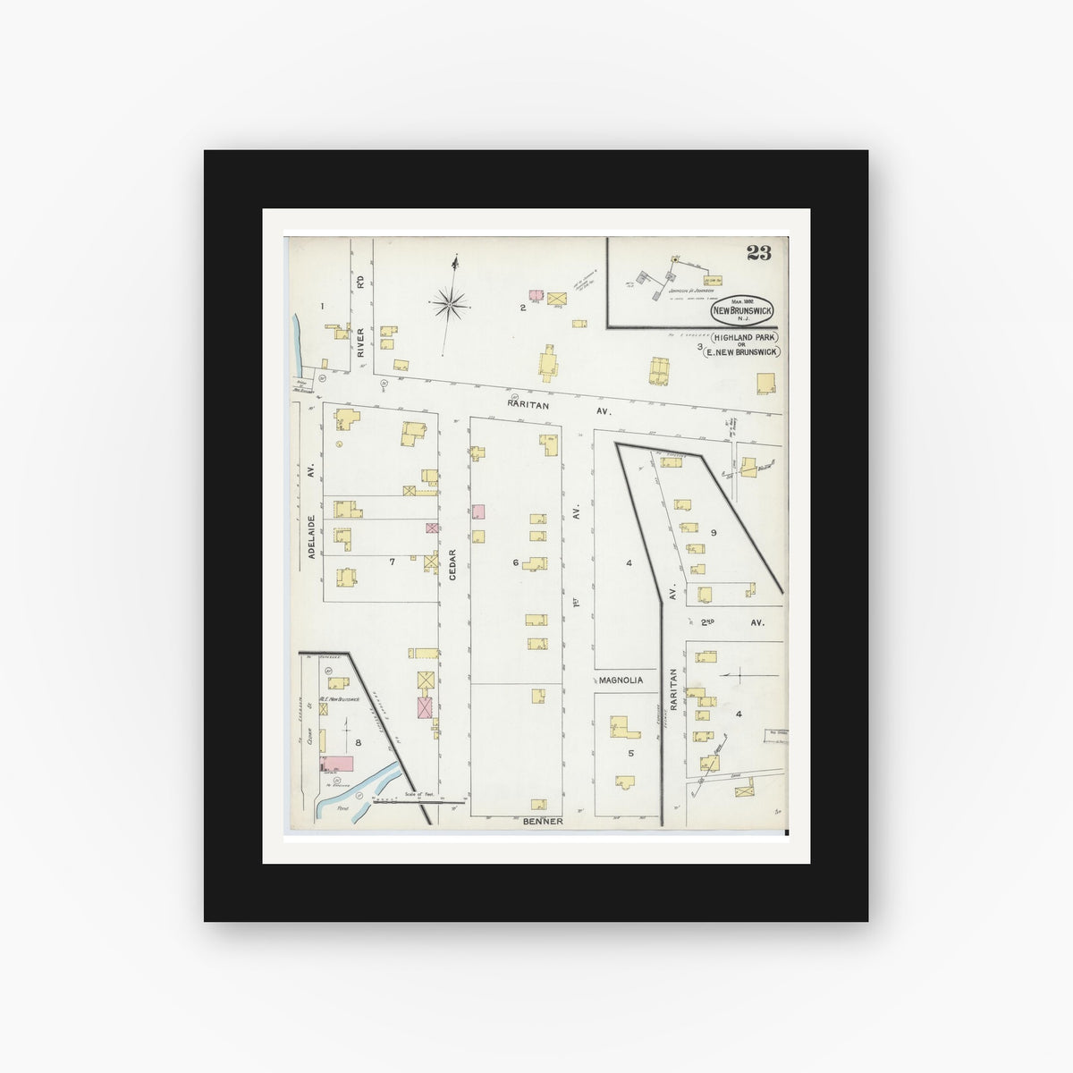 Old map wall art mockup — black gallery frame with white mat — Sanborn Fire Insurance Map from New Brunswick, Middlesex County, New Jersey (1892), Sheet #0023