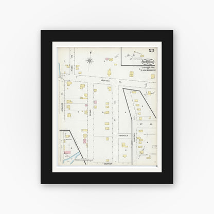 Old map wall art mockup — black gallery frame with white mat — Sanborn Fire Insurance Map from New Brunswick, Middlesex County, New Jersey (1892), Sheet #0023