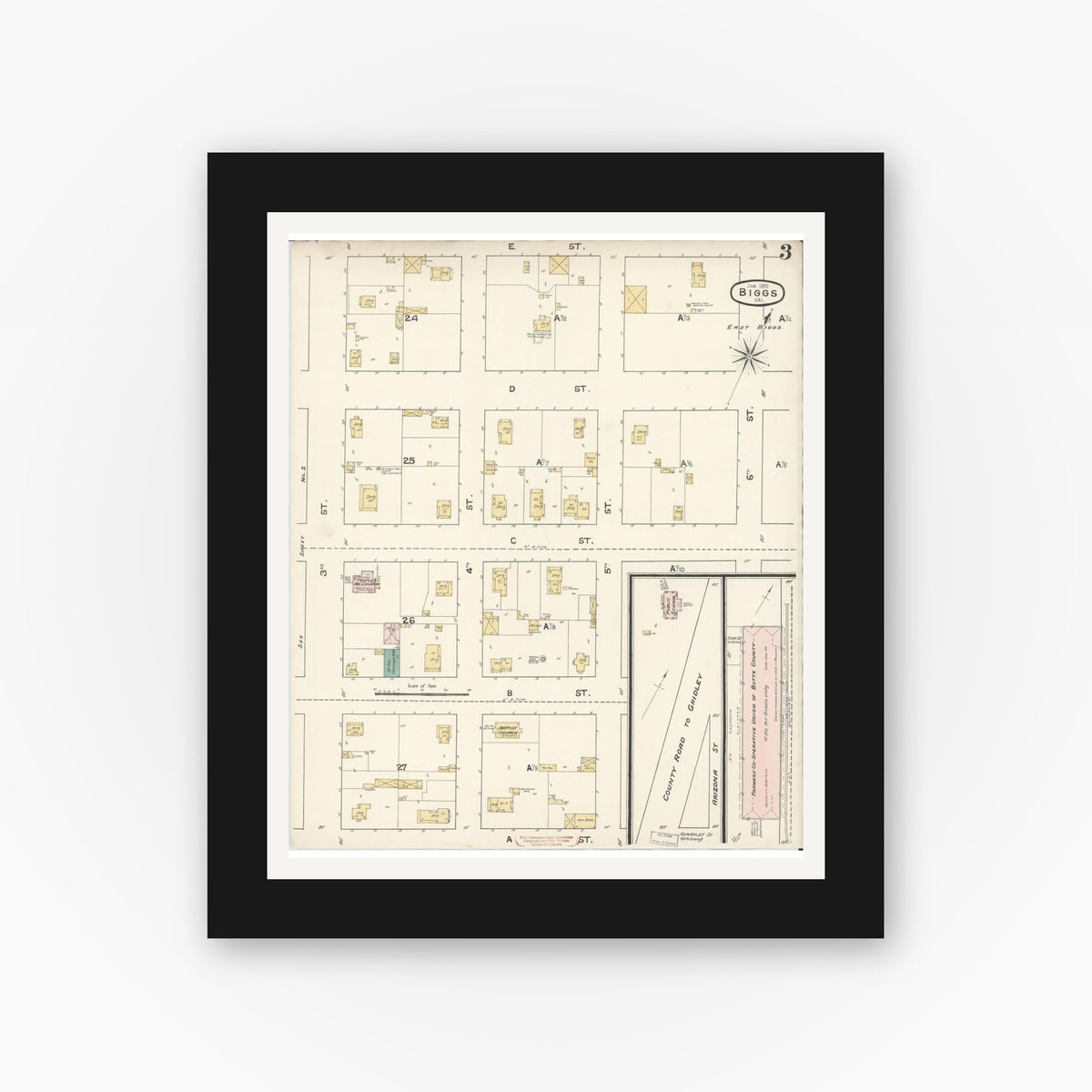 Old map wall art mockup — black gallery frame with white mat — Sanborn Fire Insurance Map from Biggs, Butte County, California (1890), Sheet #0003