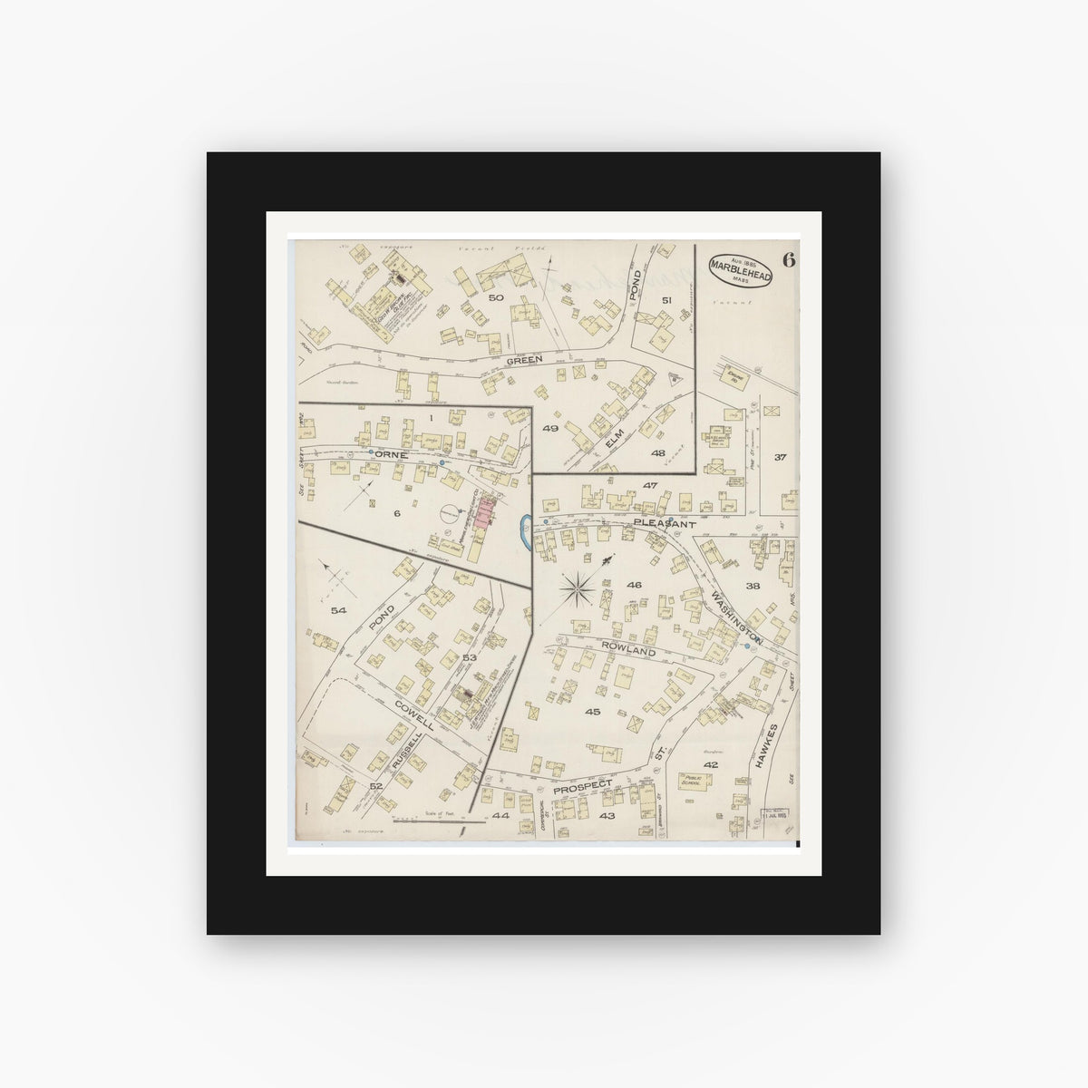 Old map wall art mockup — black gallery frame with white mat — Sanborn Fire Insurance Map from Marblehead, Essex County, Massachusetts (1885), Sheet #0006