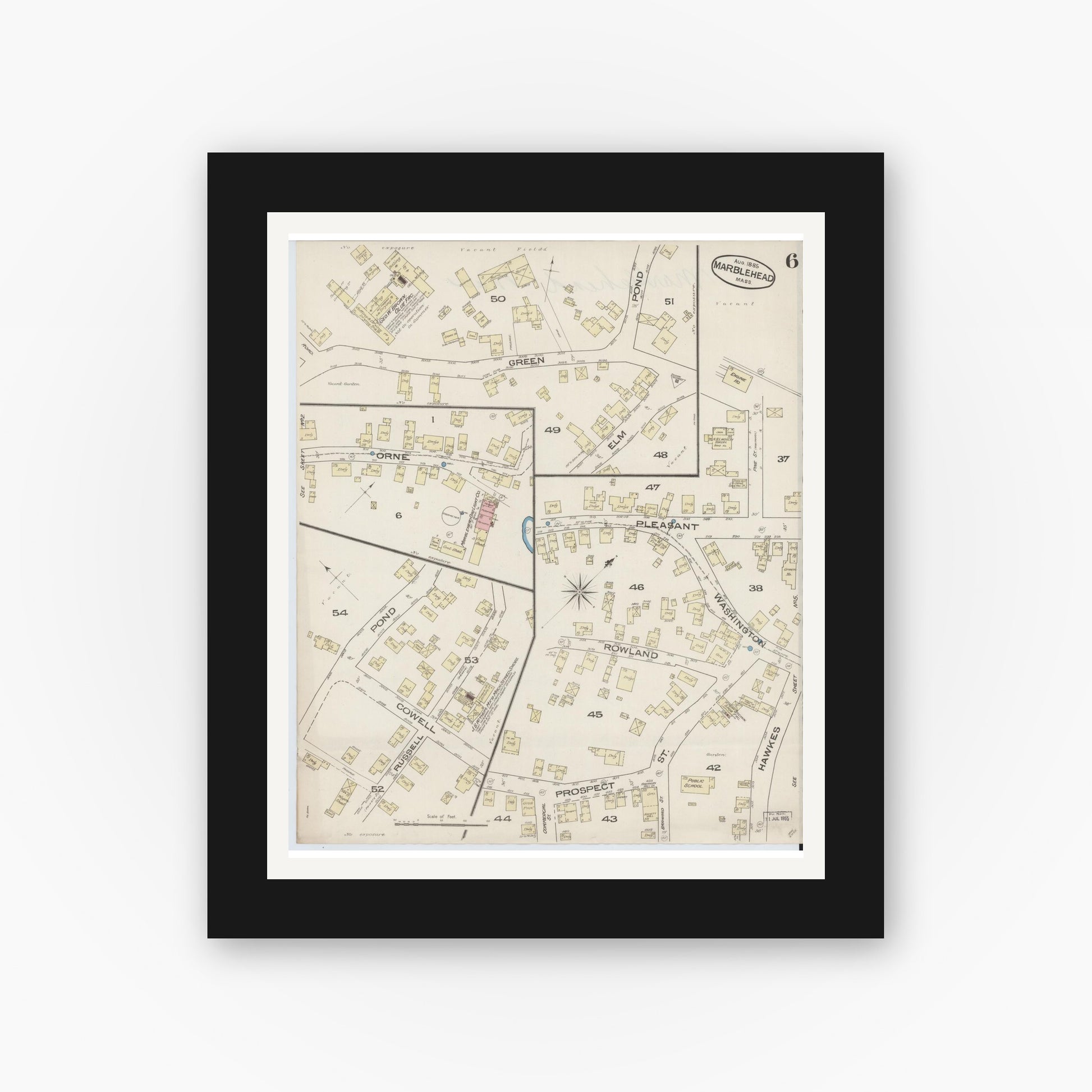 Old map wall art mockup — black gallery frame with white mat — Sanborn Fire Insurance Map from Marblehead, Essex County, Massachusetts (1885), Sheet #0006