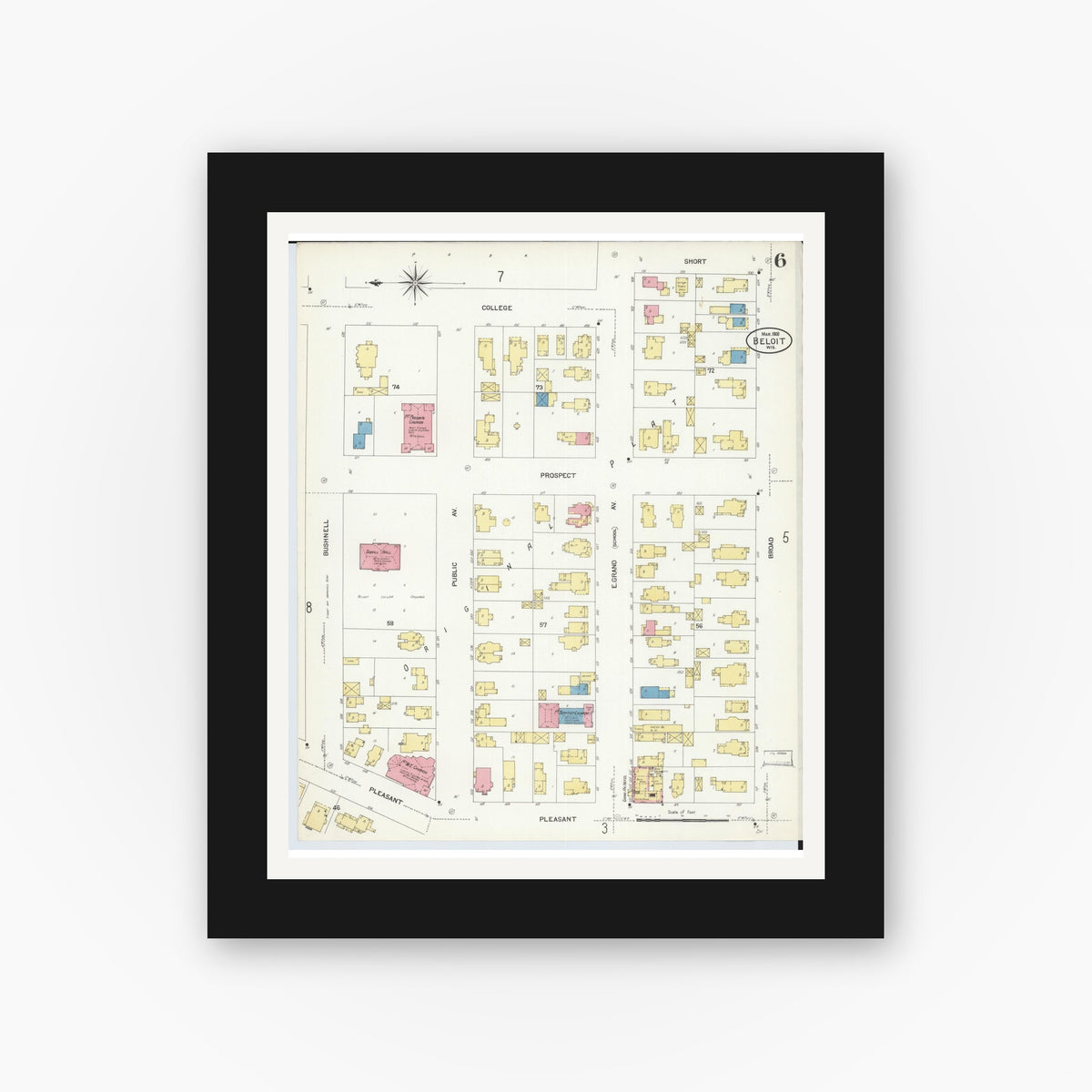 Old map wall art mockup — black gallery frame with white mat — Sanborn Fire Insurance Map from Beloit, Rock County, Wisconsin (1908), Sheet #0006