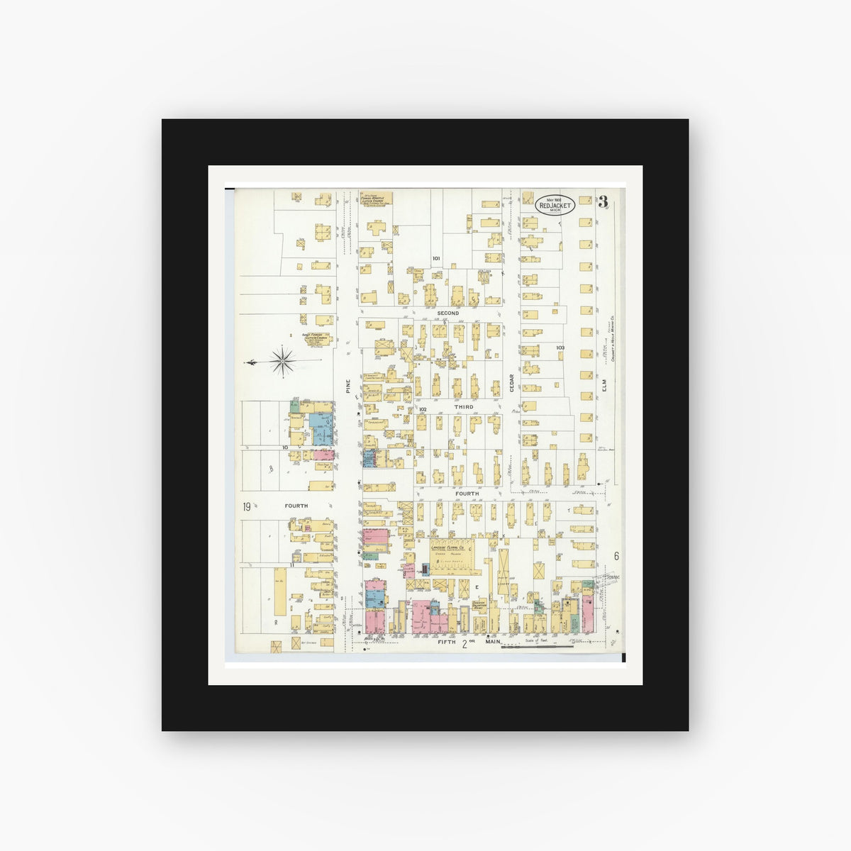 Old map wall art mockup — black gallery frame with white mat — Sanborn Fire Insurance Map from Red Jacket, Houghton County, Michigan (1908), Sheet #0003
