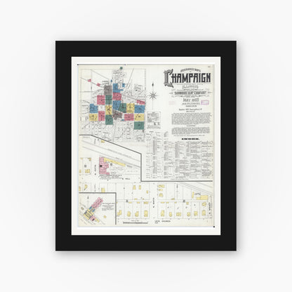 Old map wall art mockup — black gallery frame with white mat — Sanborn Fire Insurance Map from Champaign, Champaign County, Illinois (1909), Sheet #0001