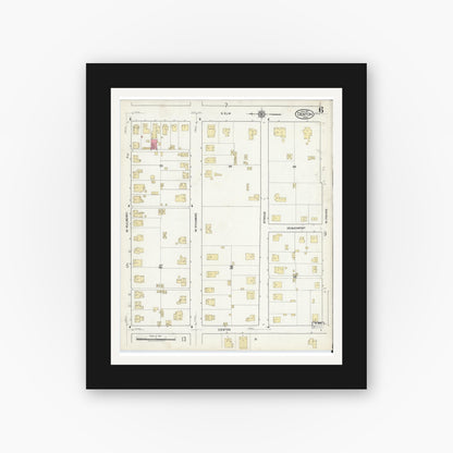 Old map wall art mockup — black gallery frame with white mat — Sanborn Fire Insurance Map from Denton, Denton County, Texas (1917), Sheet #0006