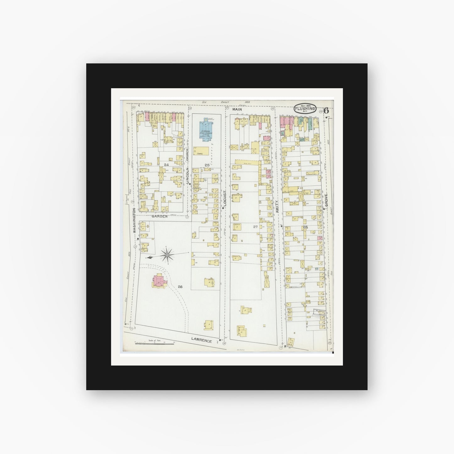 Old map wall art mockup — black gallery frame with white mat — Sanborn Fire Insurance Map from Flushing, Queens County, New York (1892), Sheet #0006
