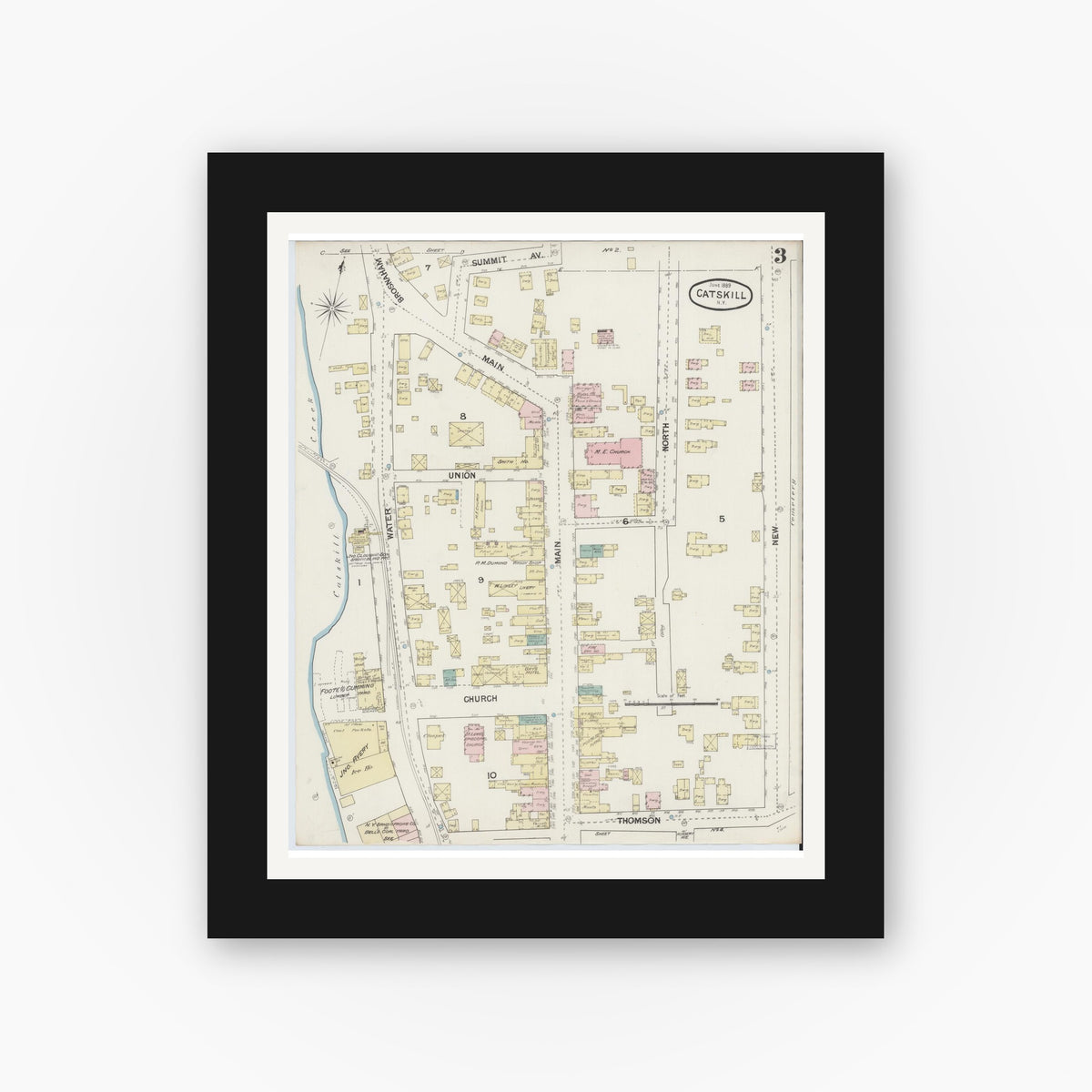 Old map wall art mockup — black gallery frame with white mat — Sanborn Fire Insurance Map from Catskill, Greene County, New York (1889), Sheet #0003