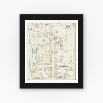 Old map wall art mockup — black gallery frame with white mat — Sanborn Fire Insurance Map from Catskill, Greene County, New York (1889), Sheet #0003