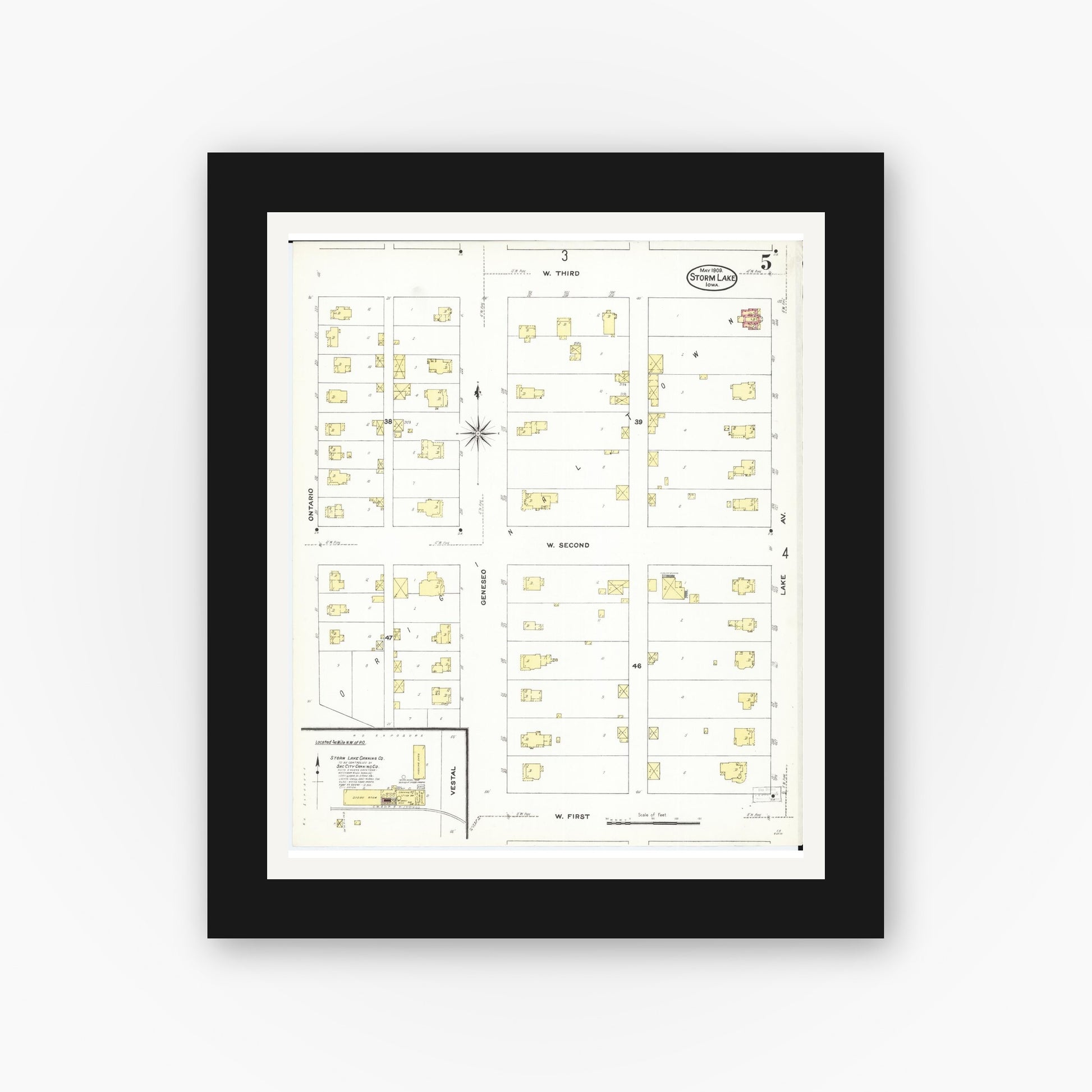 Old map wall art mockup — black gallery frame with white mat — Sanborn Fire Insurance Map from Storm Lake, Buena Vista County, Iowa (1909), Sheet #0005