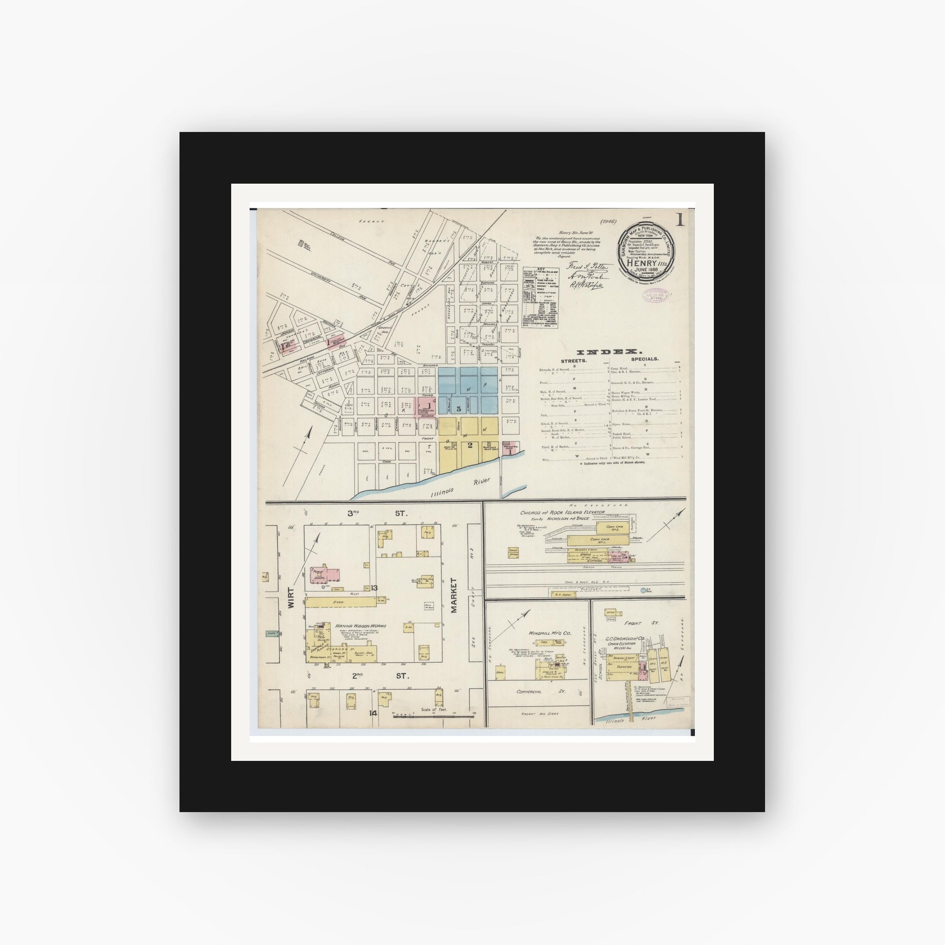 Old map wall art mockup — black gallery frame with white mat — Sanborn Fire Insurance Map from Henry, Marshall County, Illinois (1888), Sheet #0001