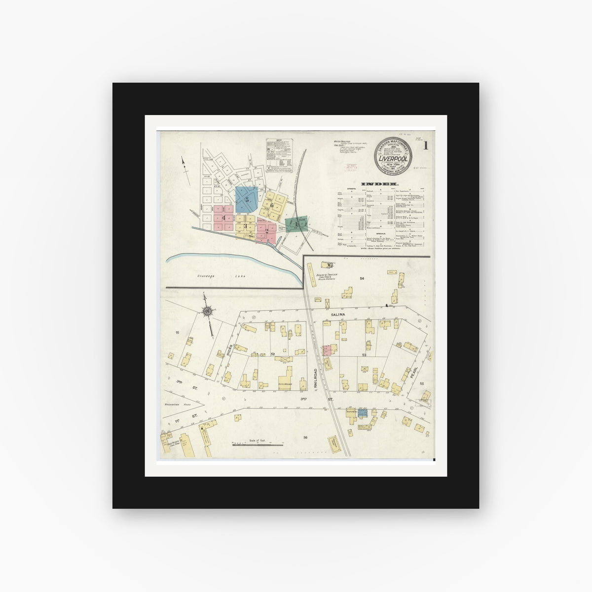 Old map wall art mockup — black gallery frame with white mat — Sanborn Fire Insurance Map from Liverpool, Onondaga County, New York (1911) - Complete Map Set