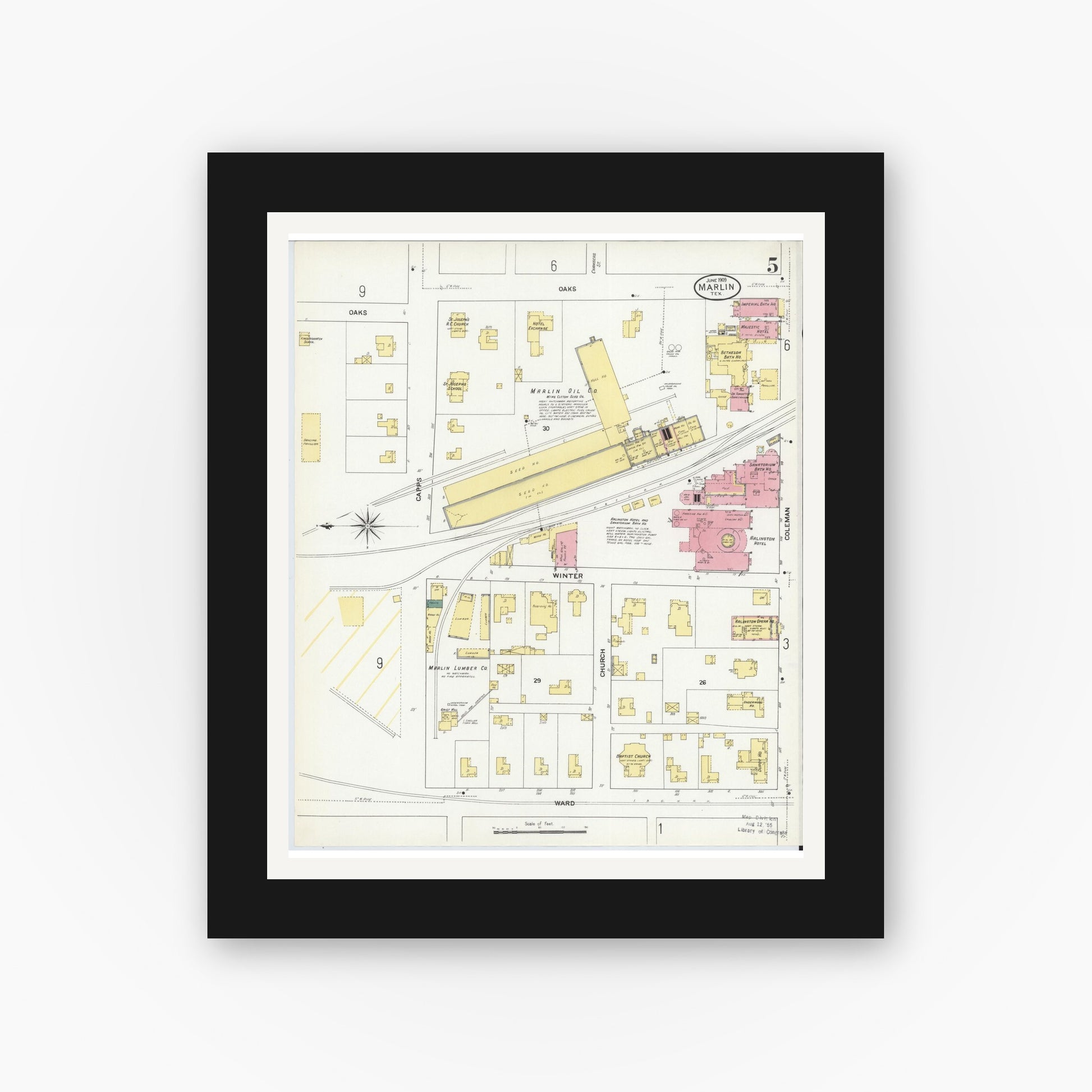 Old map wall art mockup — black gallery frame with white mat — Sanborn Fire Insurance Map from Marlin, Falls County, Texas (1909), Sheet #0005