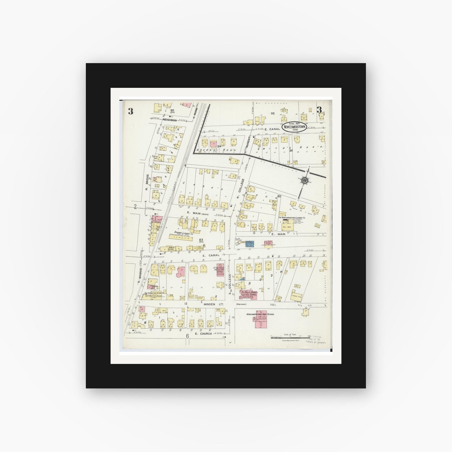 Old map wall art mockup — black gallery frame with white mat — Sanborn Fire Insurance Map from Newcomerstown, Tuscarawas County, Ohio (1924), Sheet #0003