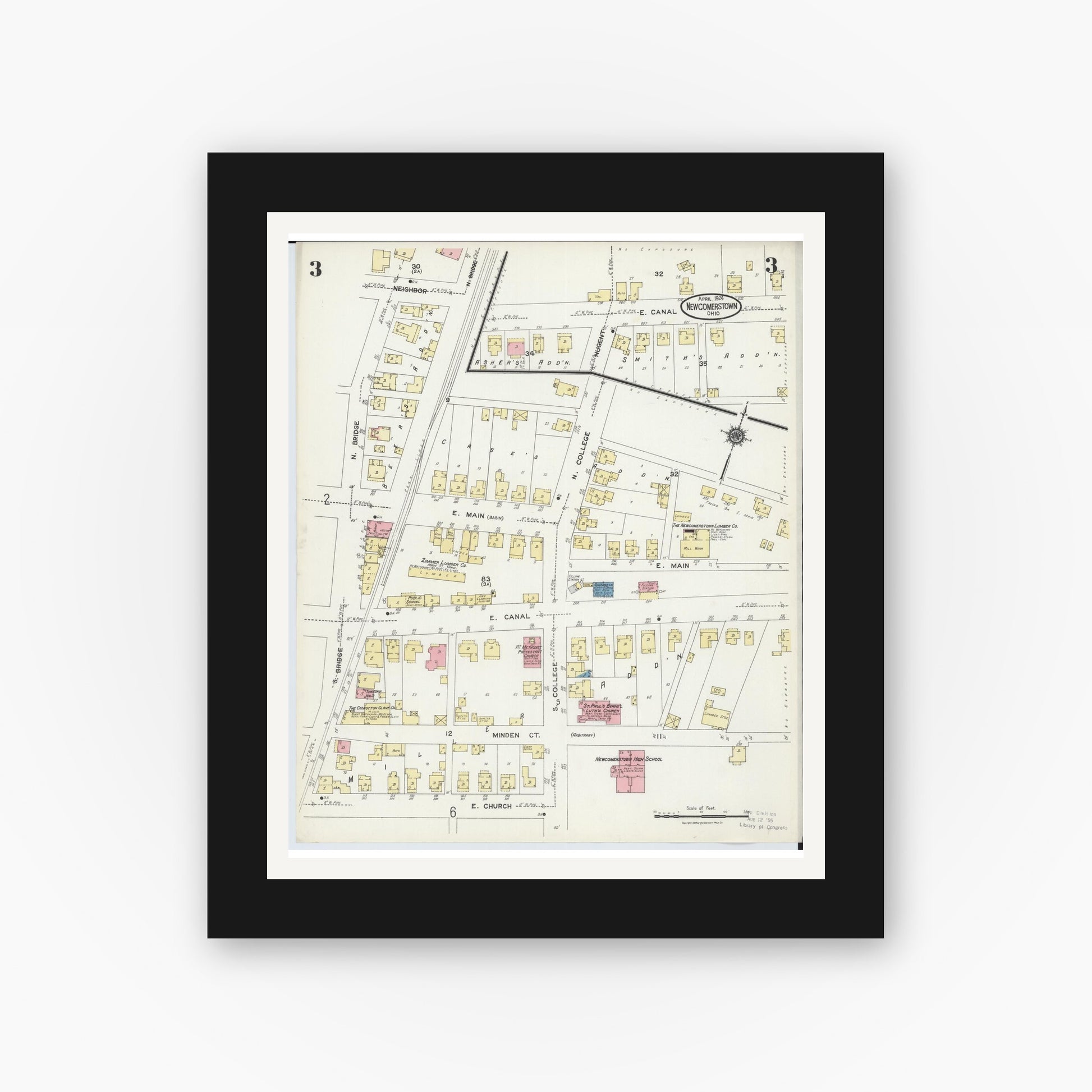 Old map wall art mockup — black gallery frame with white mat — Sanborn Fire Insurance Map from Newcomerstown, Tuscarawas County, Ohio (1924), Sheet #0003