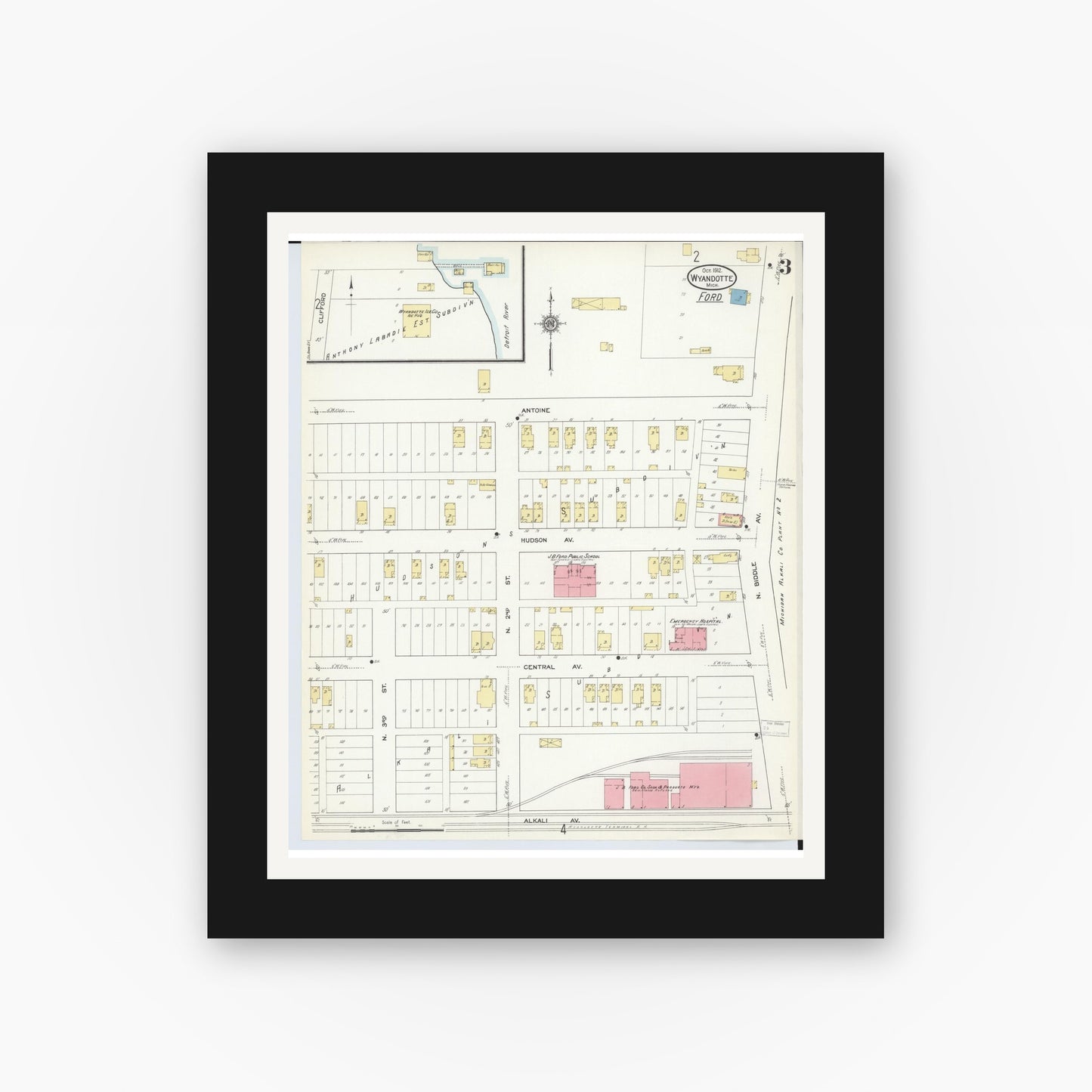 Old map wall art mockup — black gallery frame with white mat — Sanborn Fire Insurance Map from Wyandotte, Wayne County, Michigan (1912), Sheet #0003