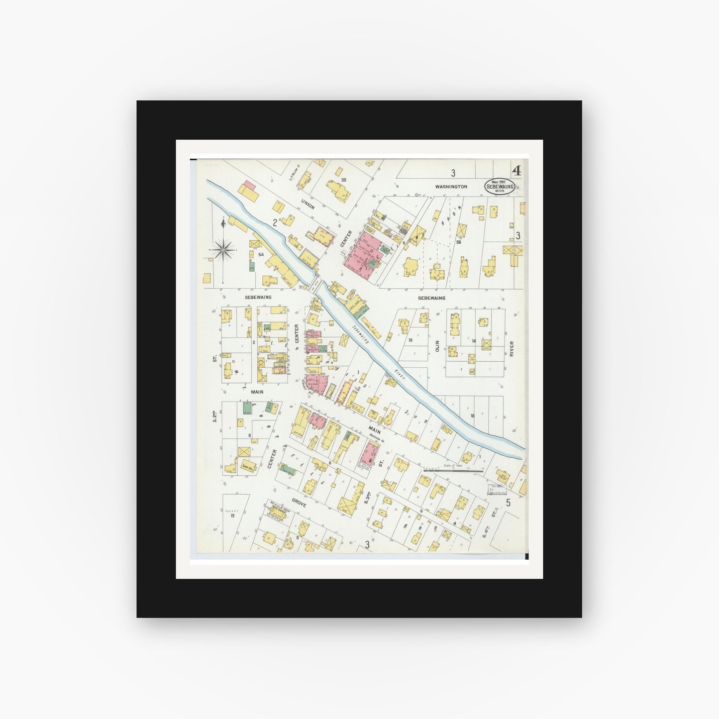 Old map wall art mockup — black gallery frame with white mat — Sanborn Fire Insurance Map from Sebewaing, Huron County, Michigan (1901), Sheet #0004