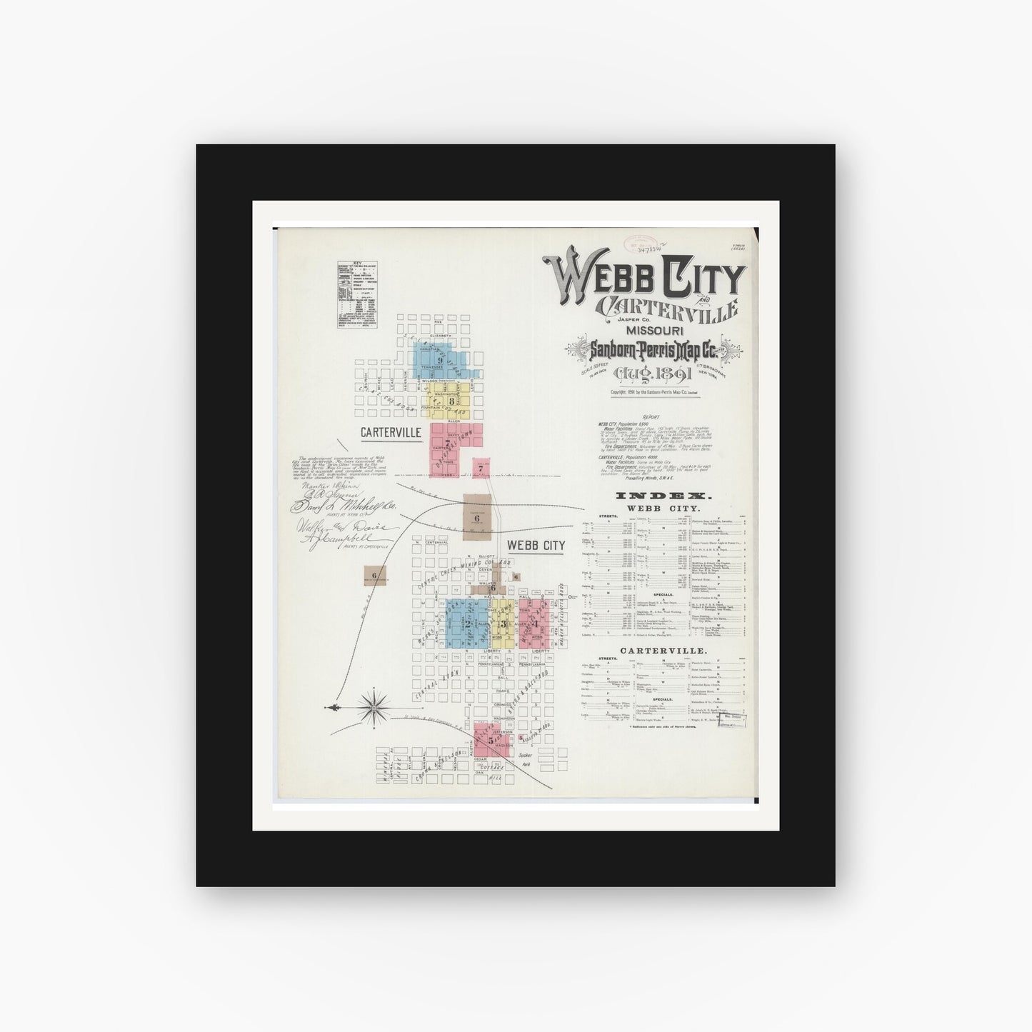 Old map wall art mockup — black gallery frame with white mat — Sanborn Fire Insurance Map from Webb City, Jasper County, Missouri (1891), Sheet #0001