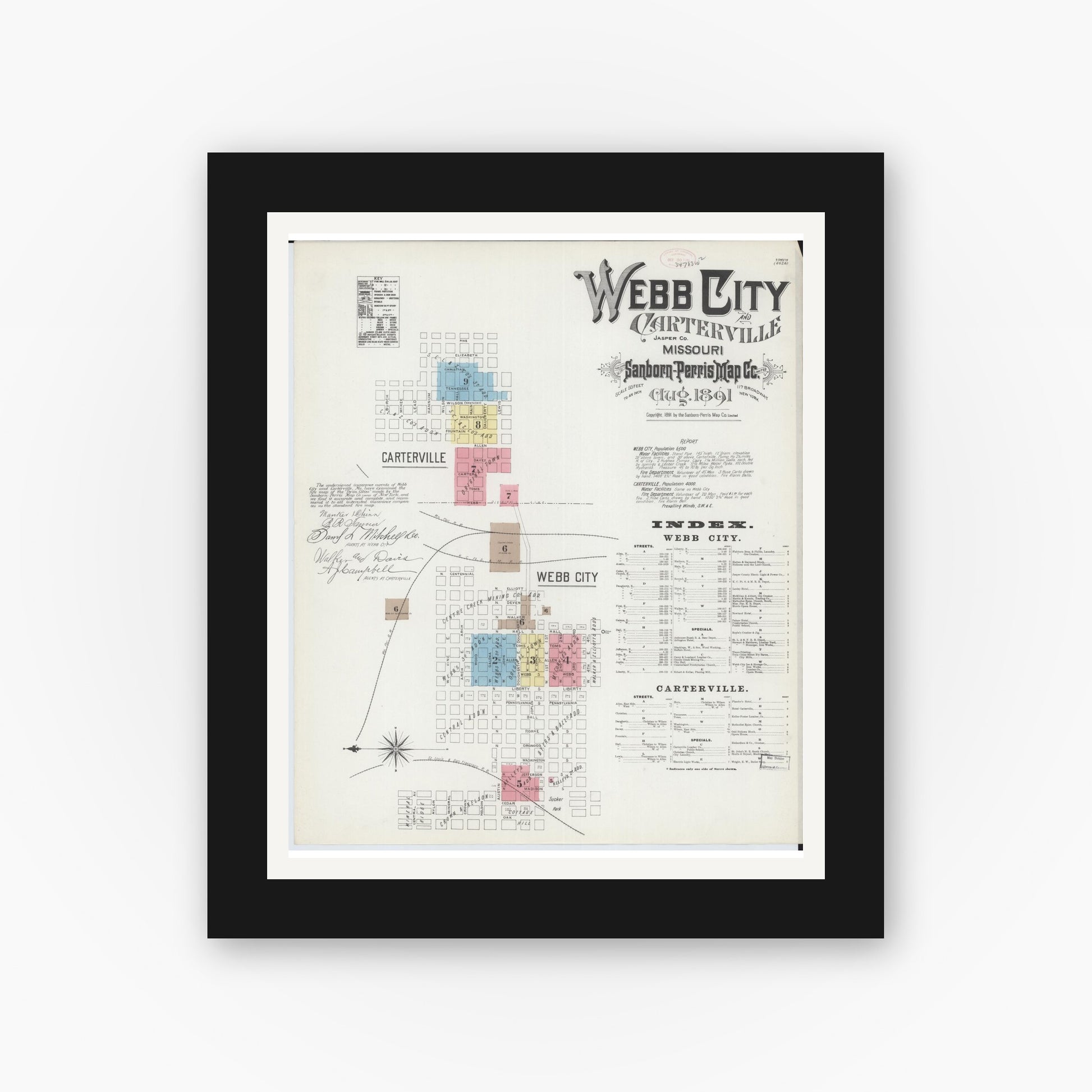 Old map wall art mockup — black gallery frame with white mat — Sanborn Fire Insurance Map from Webb City, Jasper County, Missouri (1891), Sheet #0001