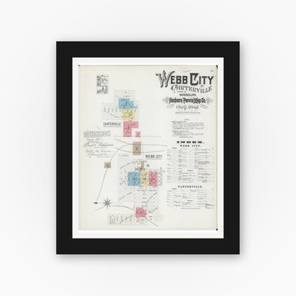 Old map wall art mockup — black gallery frame with white mat — Sanborn Fire Insurance Map from Webb City, Jasper County, Missouri (1891), Sheet #0001