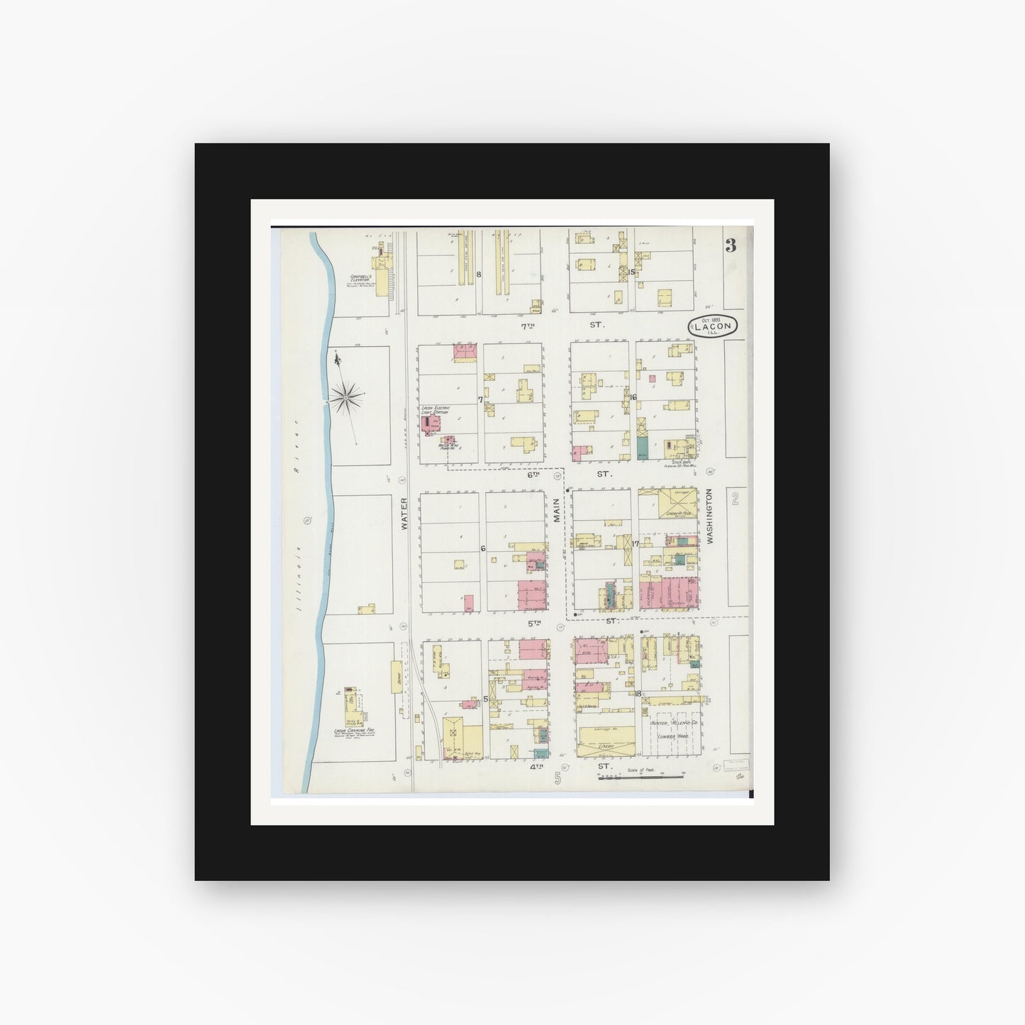 Old map wall art mockup — black gallery frame with white mat — Sanborn Fire Insurance Map from Lacon, Marshall County, Illinois (1893), Sheet #0003
