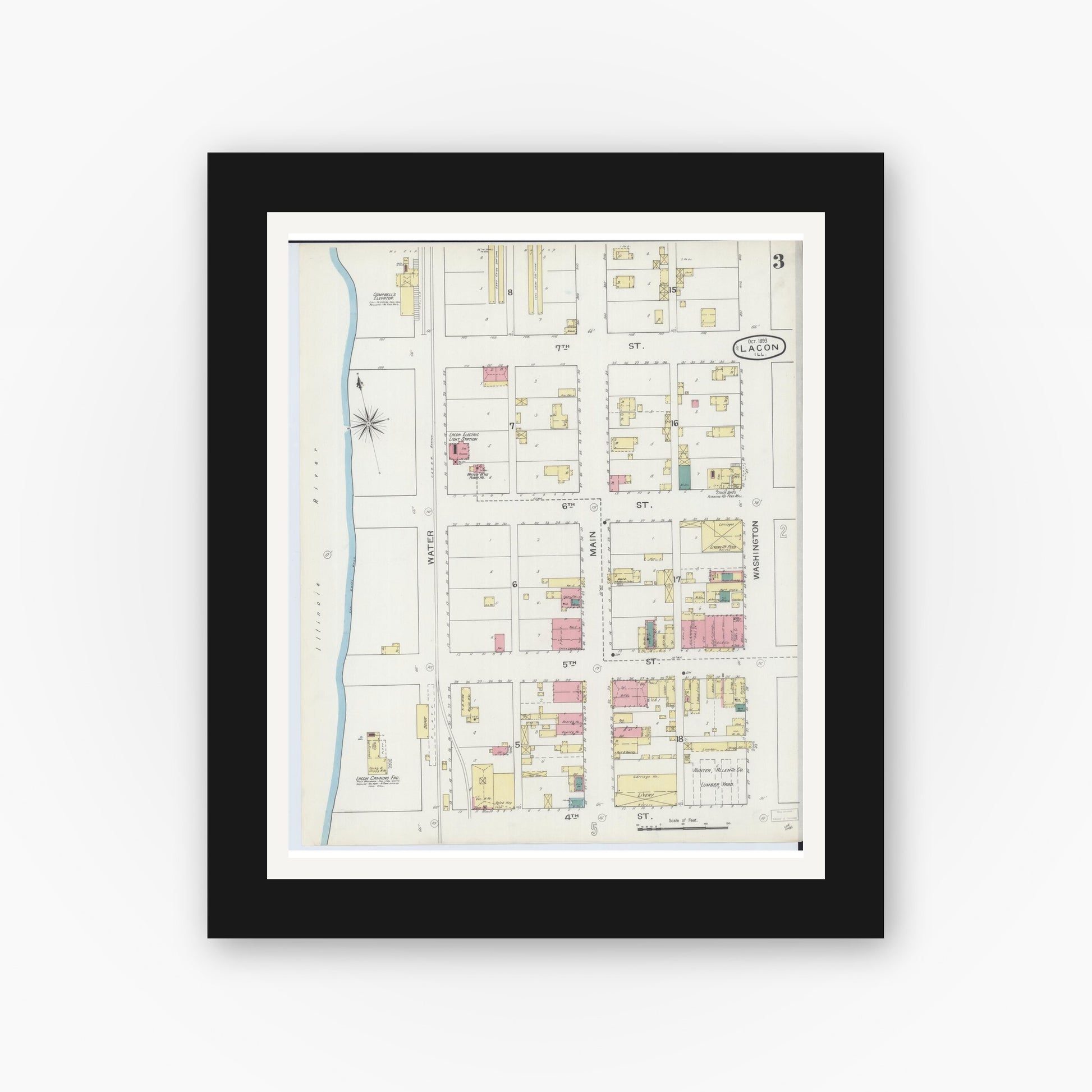 Old map wall art mockup — black gallery frame with white mat — Sanborn Fire Insurance Map from Lacon, Marshall County, Illinois (1893), Sheet #0003