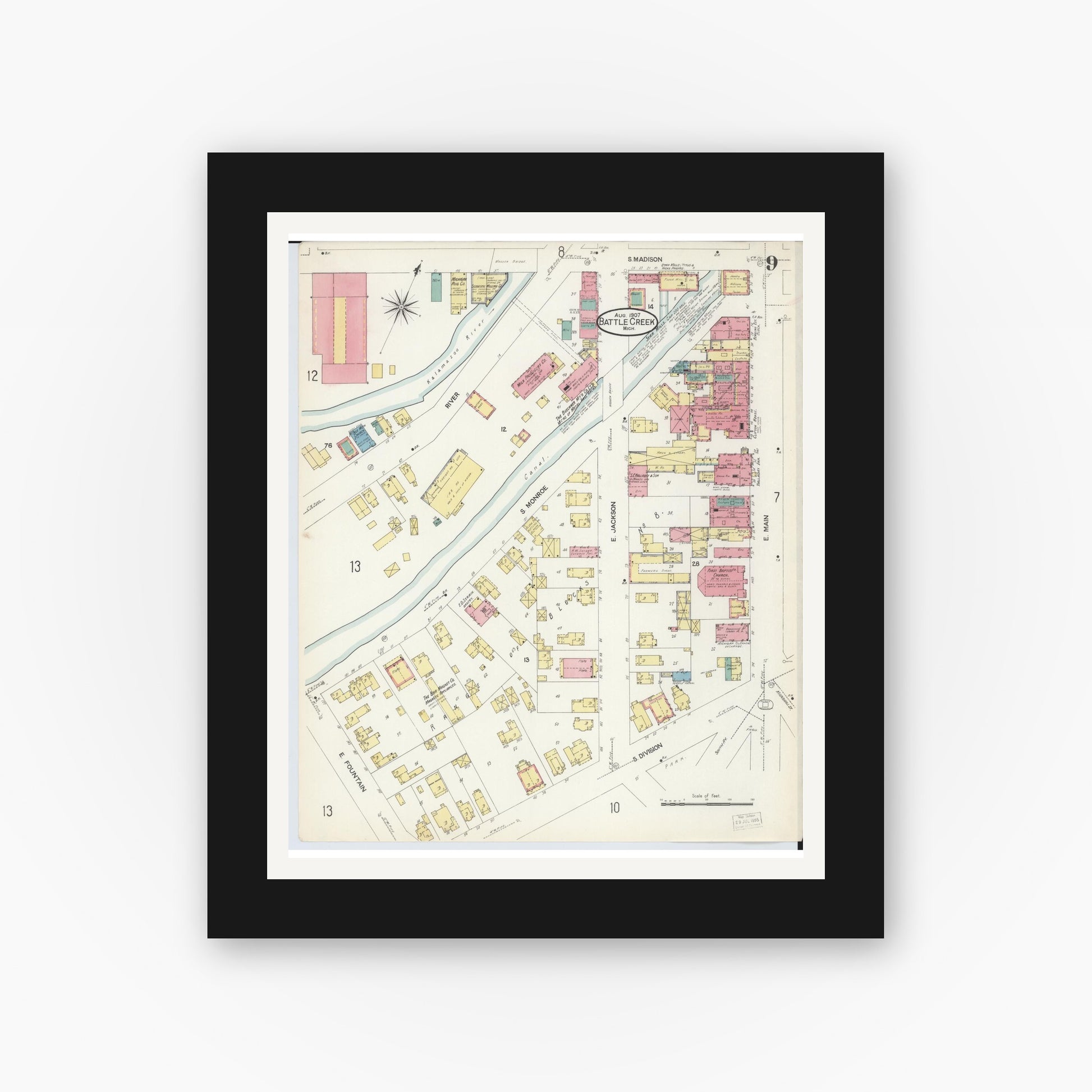 Old map wall art mockup — black gallery frame with white mat — Sanborn Fire Insurance Map from Battle Creek, Calhoun County, Michigan (1907), Sheet #0009