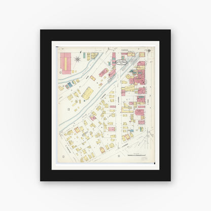 Old map wall art mockup — black gallery frame with white mat — Sanborn Fire Insurance Map from Battle Creek, Calhoun County, Michigan (1907), Sheet #0009
