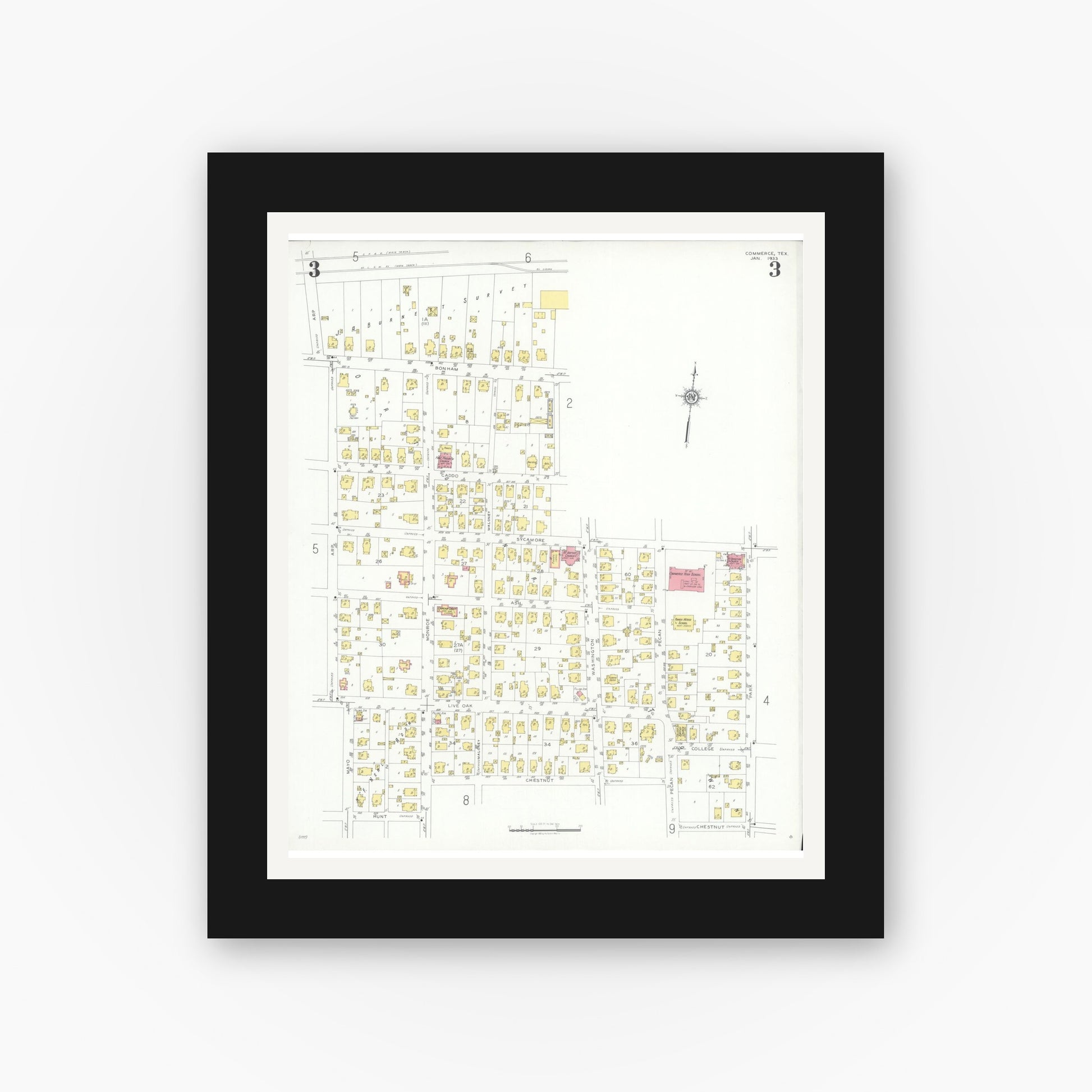 Old map wall art mockup — black gallery frame with white mat — Sanborn Fire Insurance Map from Commerce, Hunt County, Texas (1933), Sheet #0003