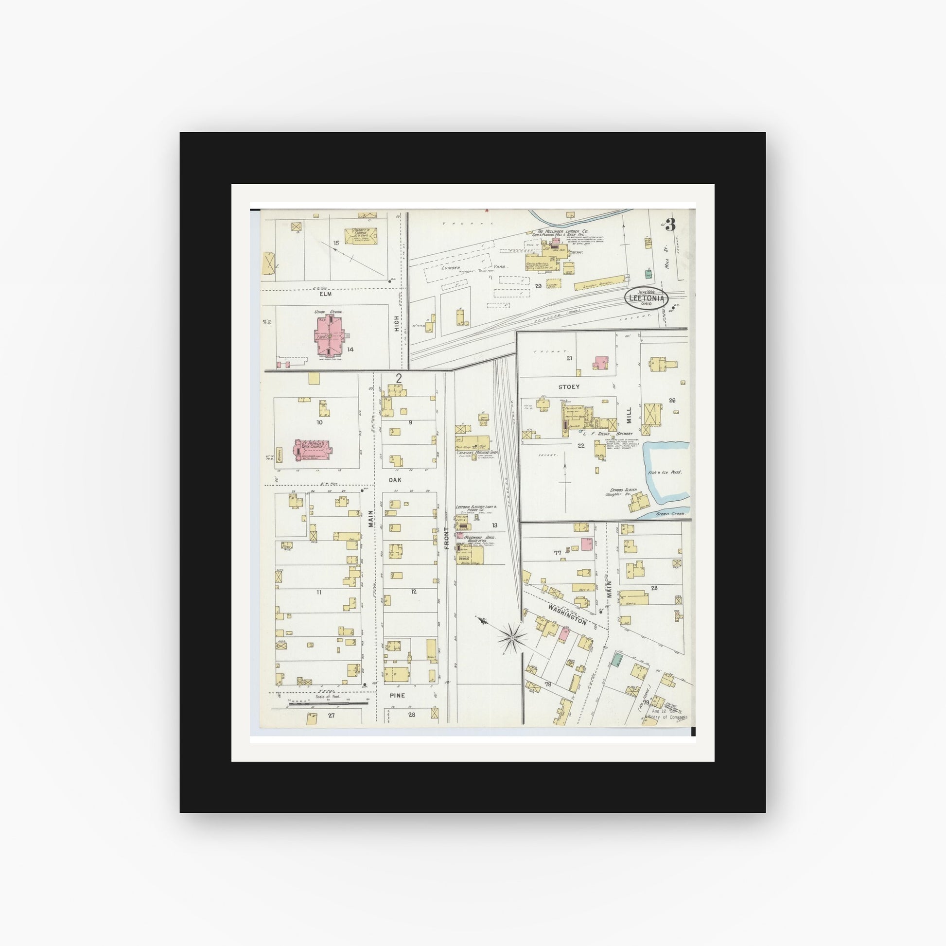 Old map wall art mockup — black gallery frame with white mat — Sanborn Fire Insurance Map from Leetonia, Columbiana County, Ohio (1898), Sheet #0003