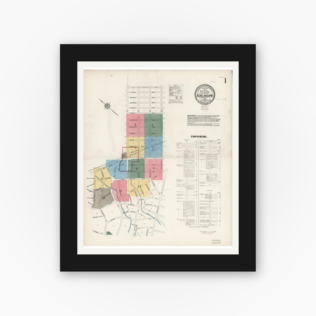 Old map wall art mockup — black gallery frame with white mat — Sanborn Fire Insurance Map from Burlingame, San Mateo County, California (1913), Sheet #0001