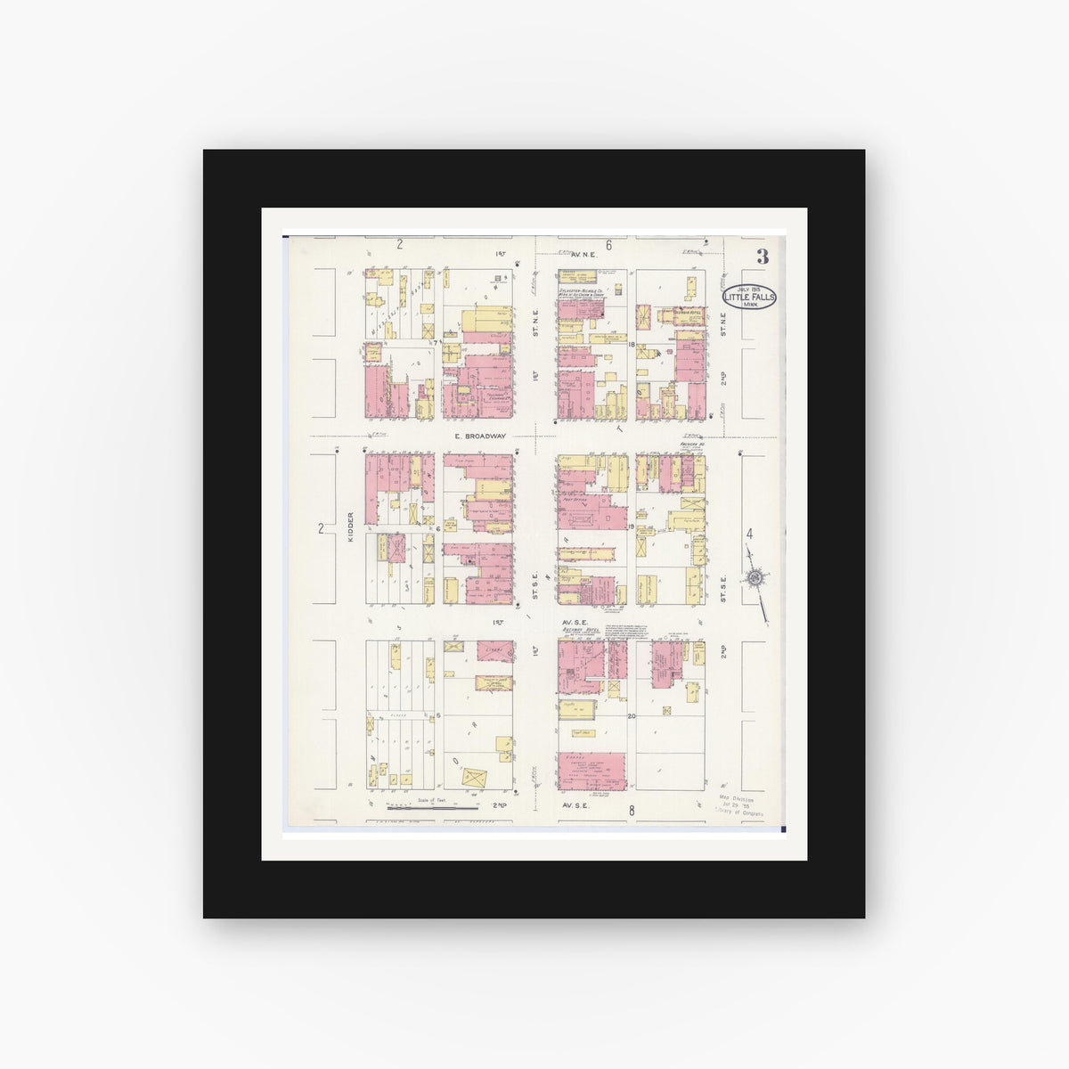 Old map wall art mockup — black gallery frame with white mat — Sanborn Fire Insurance Map from Little Falls, Morrison County, Minnesota (1915), Sheet #0003