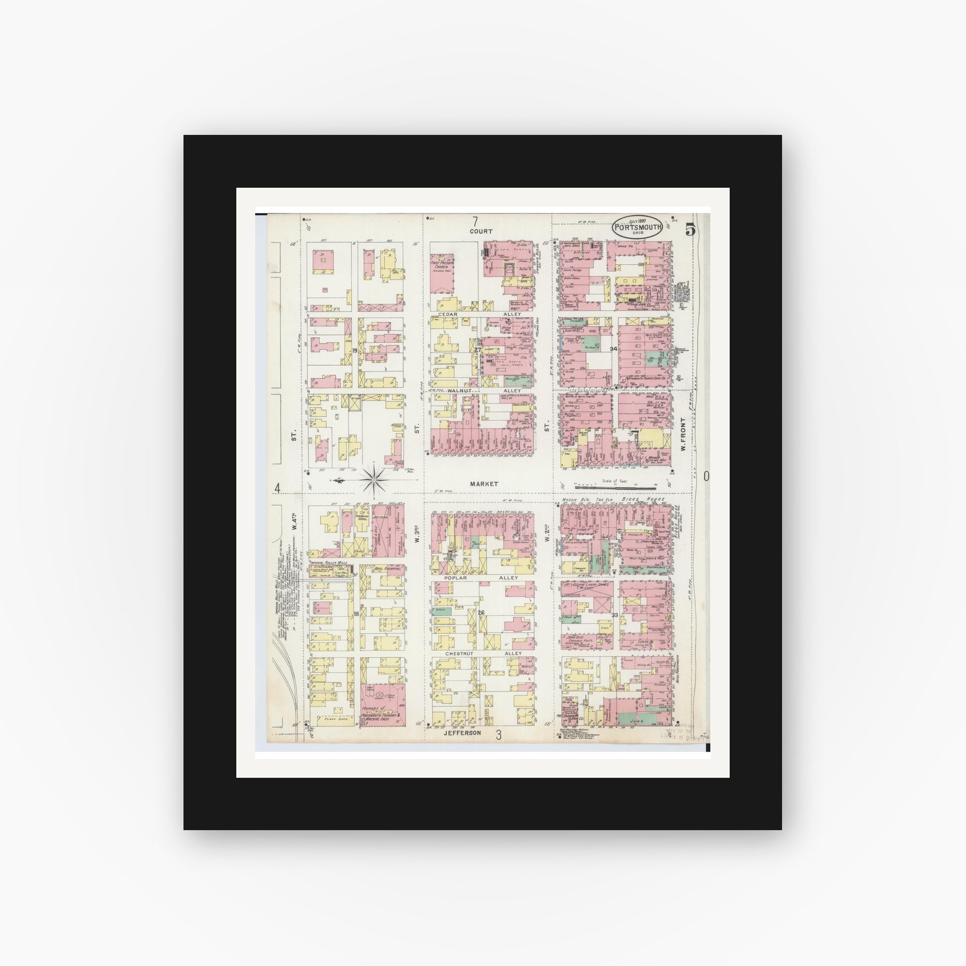 Old map wall art mockup — black gallery frame with white mat — Sanborn Fire Insurance Map from Portsmouth, Scioto County, Ohio (1897), Sheet #0005
