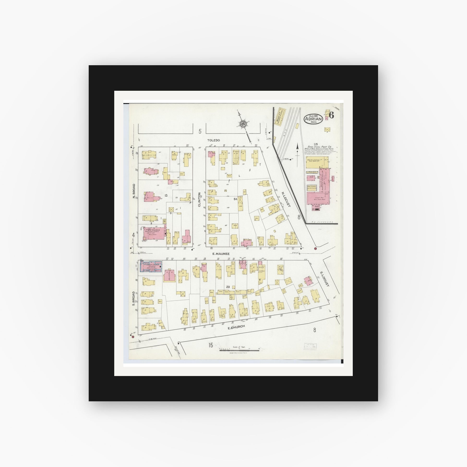 Old map wall art mockup — black gallery frame with white mat — Sanborn Fire Insurance Map from Adrian, Lenawee County, Michigan (1916), Sheet #0006