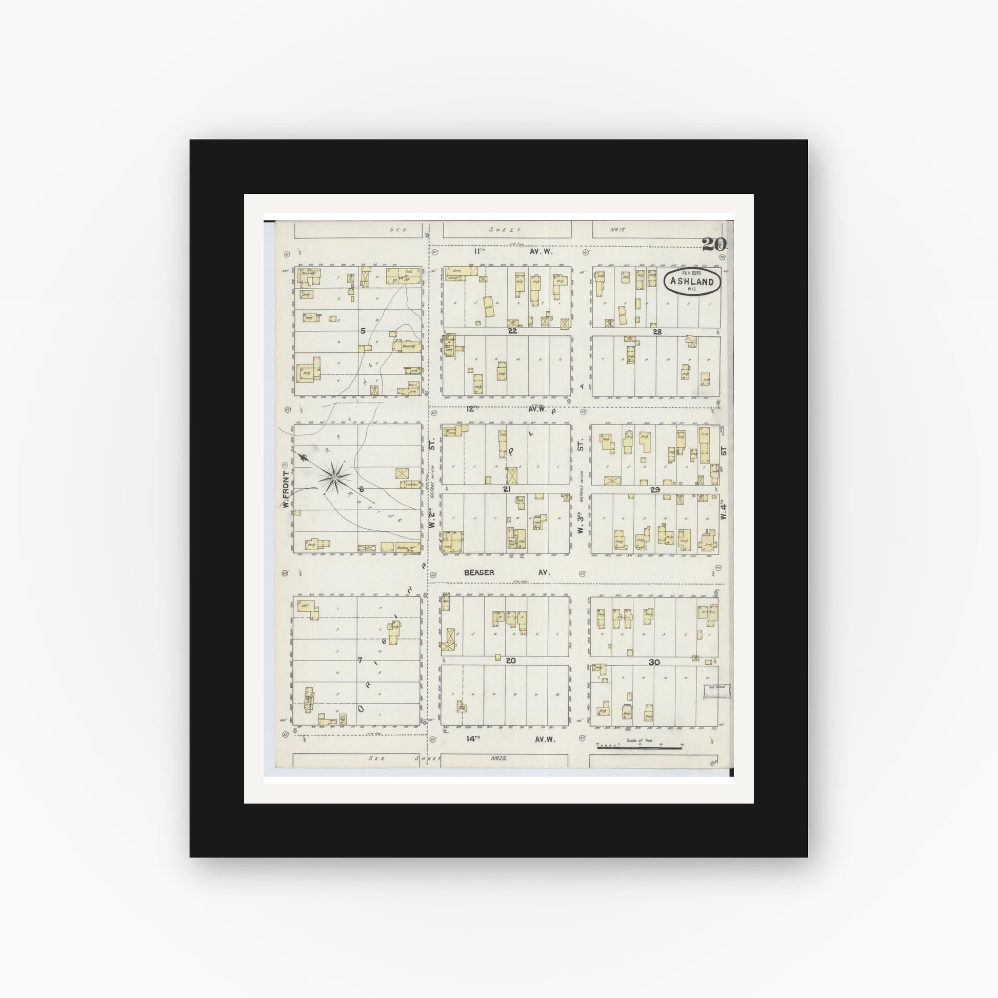 Old map wall art mockup — black gallery frame with white mat — Sanborn Fire Insurance Map from Ashland, Ashland County, Wisconsin (1890), Sheet #0020