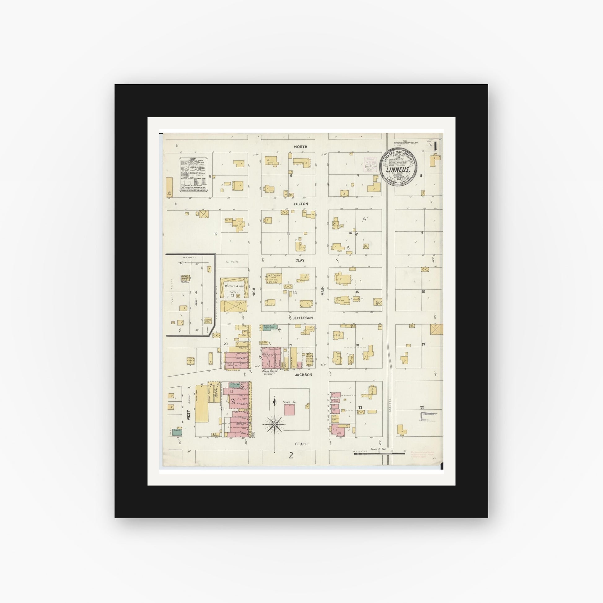 Old map wall art mockup — black gallery frame with white mat — Sanborn Fire Insurance Map from Linneus, Linn County, Missouri (1902) - Complete Map Set