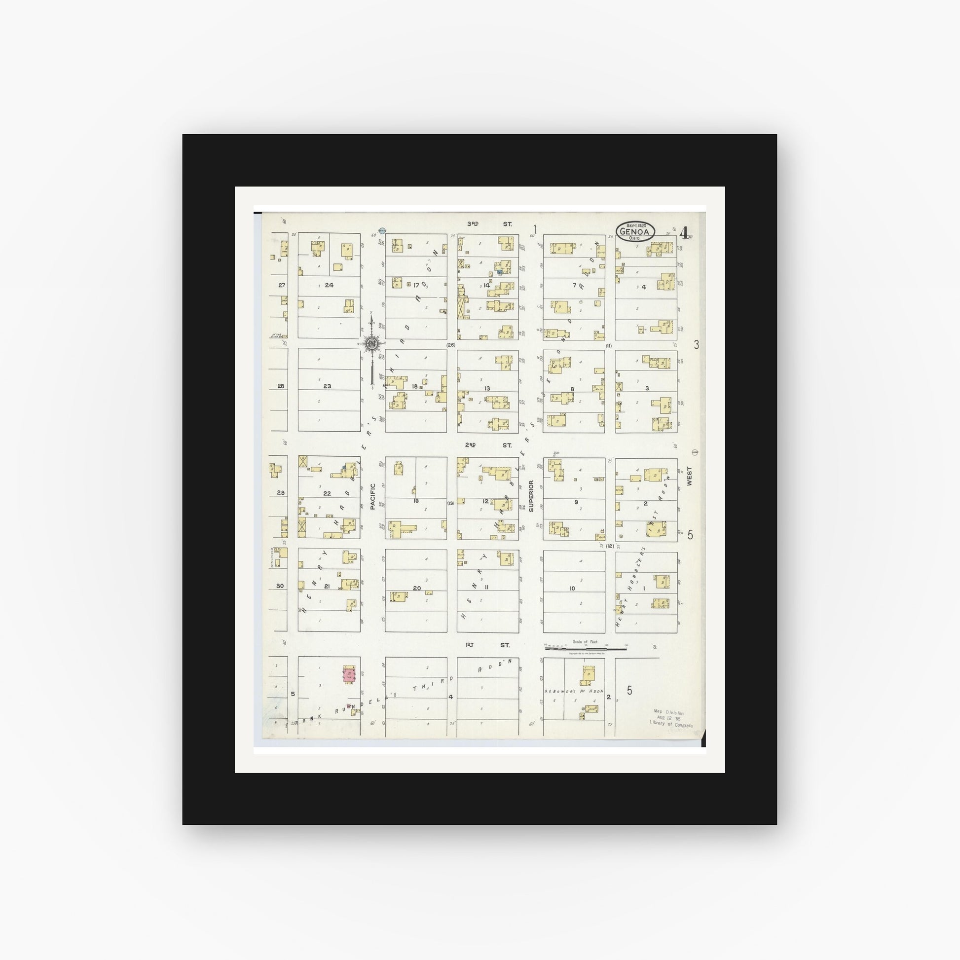 Old map wall art mockup — black gallery frame with white mat — Sanborn Fire Insurance Map from Genoa, Ottawa County, Ohio (1920), Sheet #0004