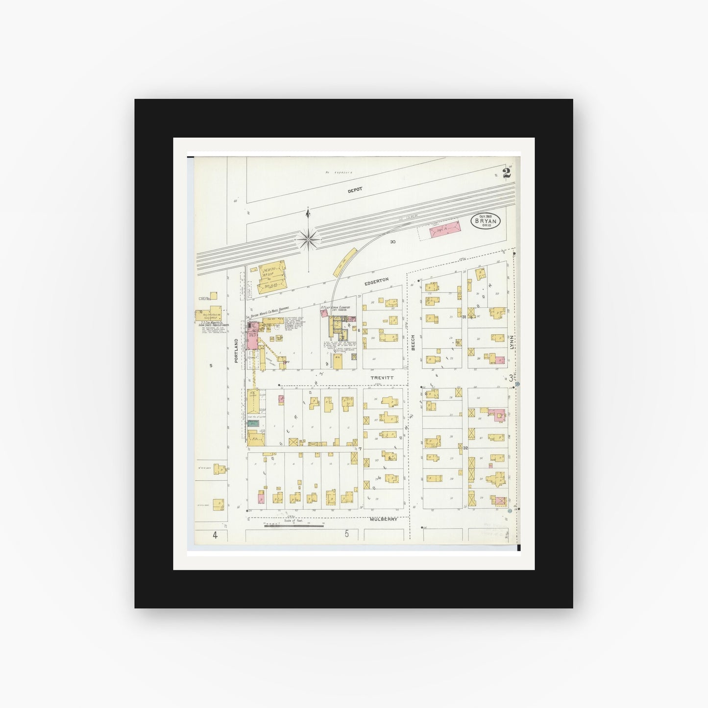 Old map wall art mockup — black gallery frame with white mat — Sanborn Fire Insurance Map from Bryan, Williams County, Ohio (1905), Sheet #0002
